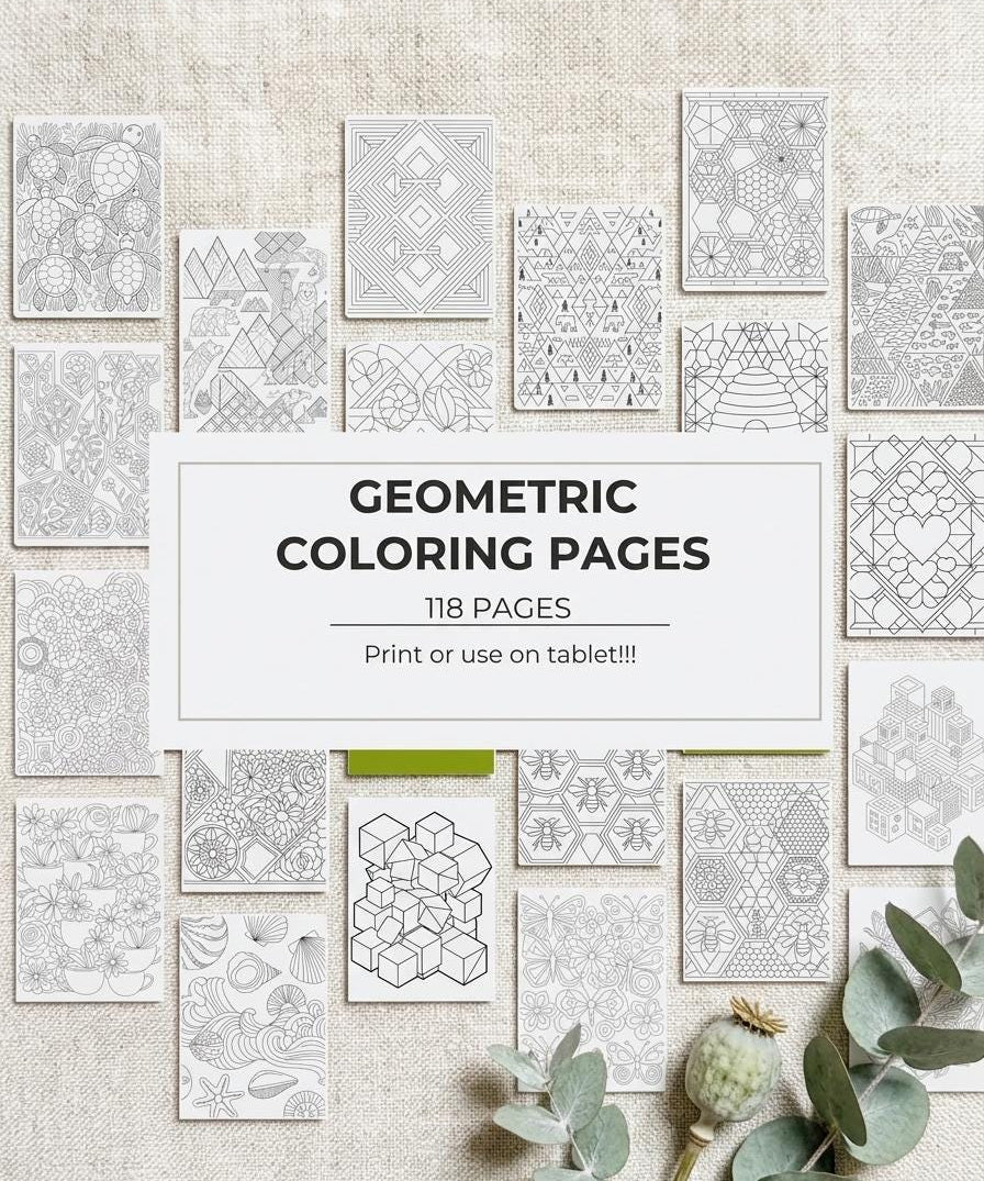Geometric coloring pages — 118 abstract designs for stress relief, PDF digital download