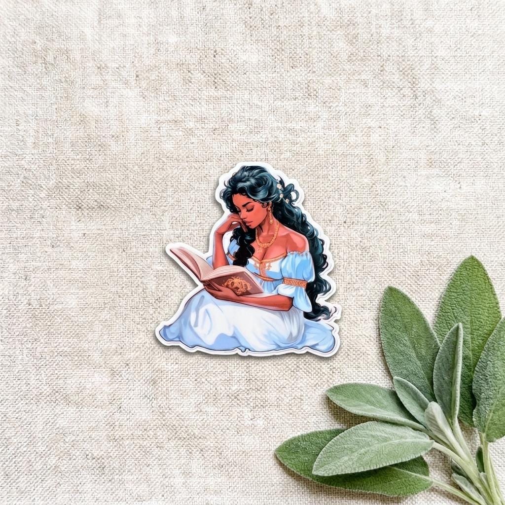 Elegant Fantasy Reading Woman Sticker | Literary Aesthetic Vinyl Decal by The Sticker Era