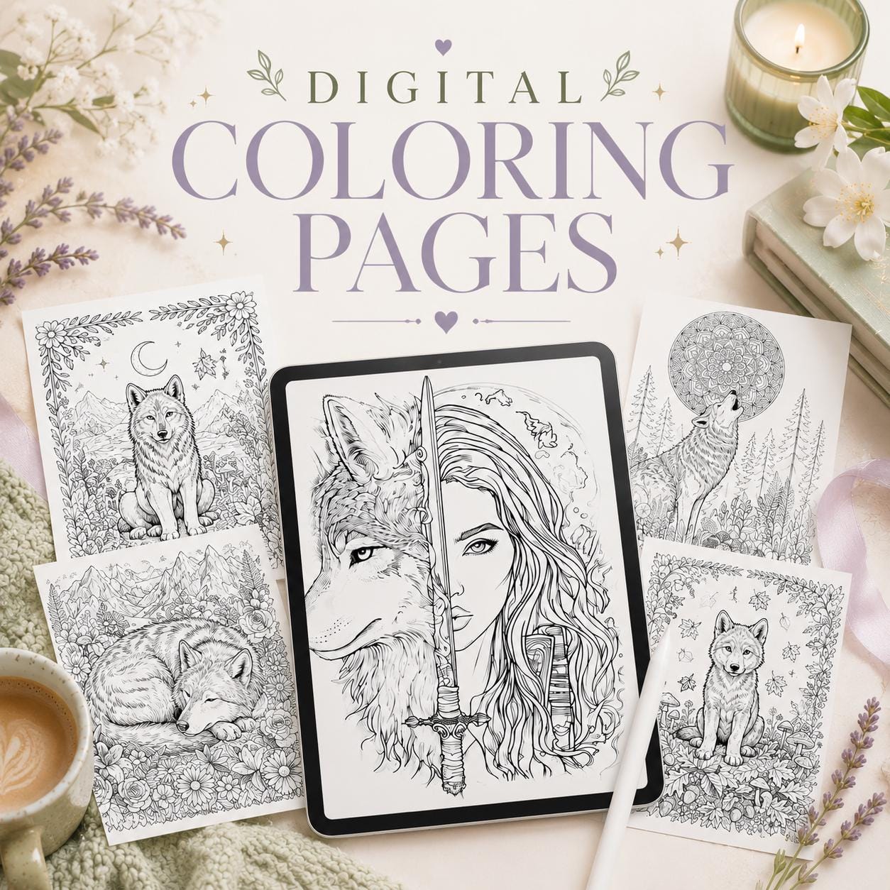 Wolf Coloring Pages for Adults | 10 Printable Autumn Fantasy PDF by The Sticker Era