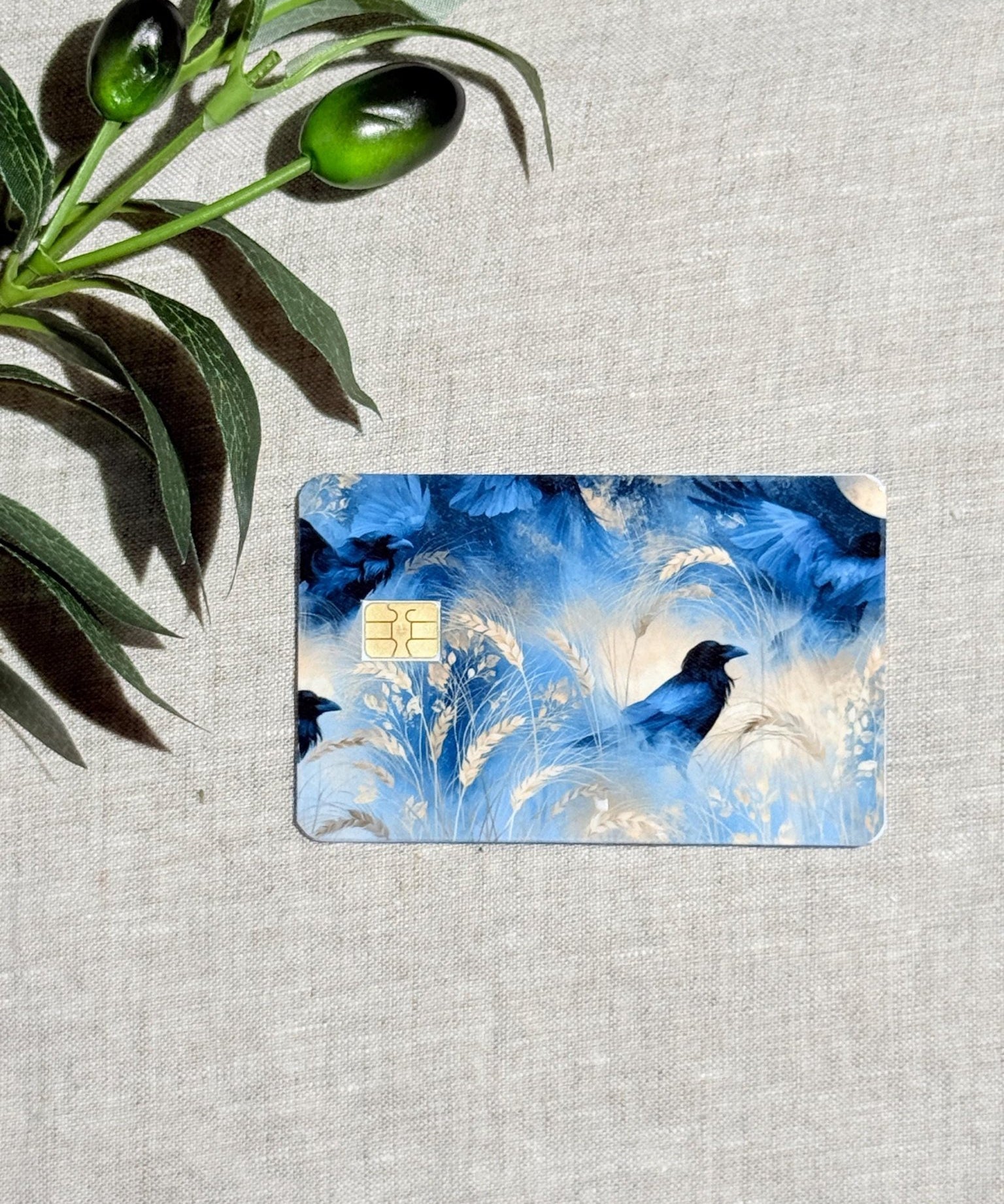 Raven Card Skin – Blue Botanical Debit Card Skin – Sticker Era by The Sticker Era