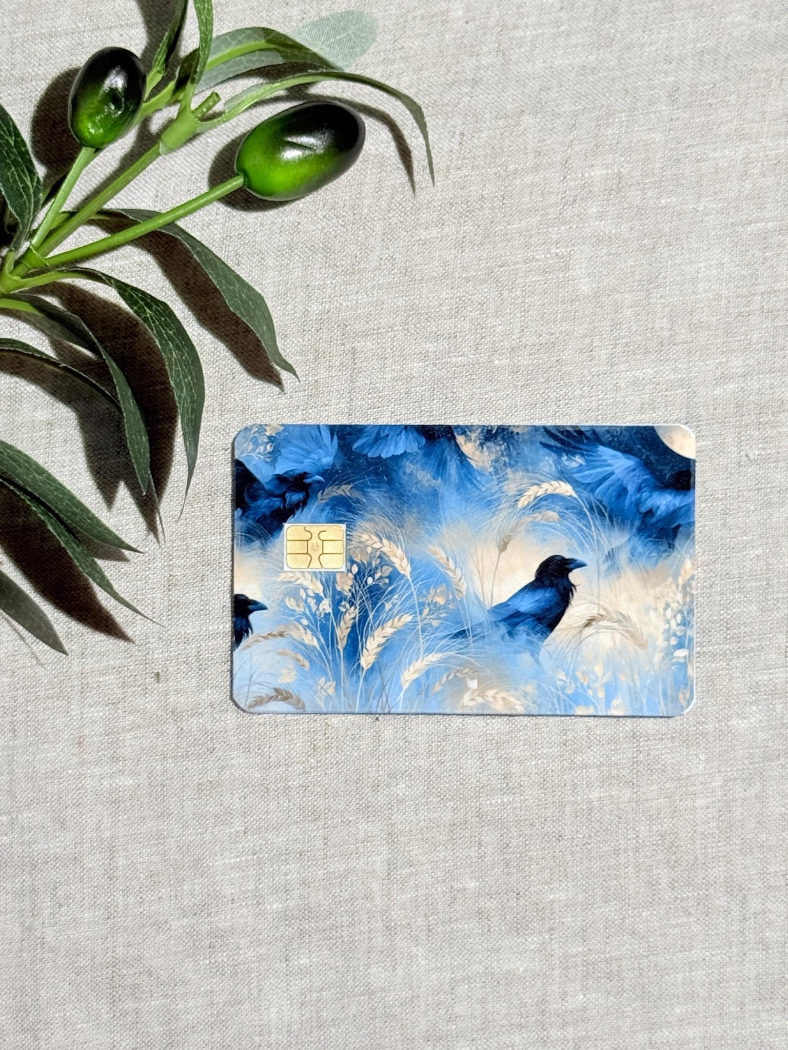 Raven Card Skin – Blue Botanical Debit Card Skin – Sticker Era by The Sticker Era