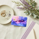 Purple galaxy violin debit card skin on ceramic plate with gold rings and lavender BY THE STICKER ERA