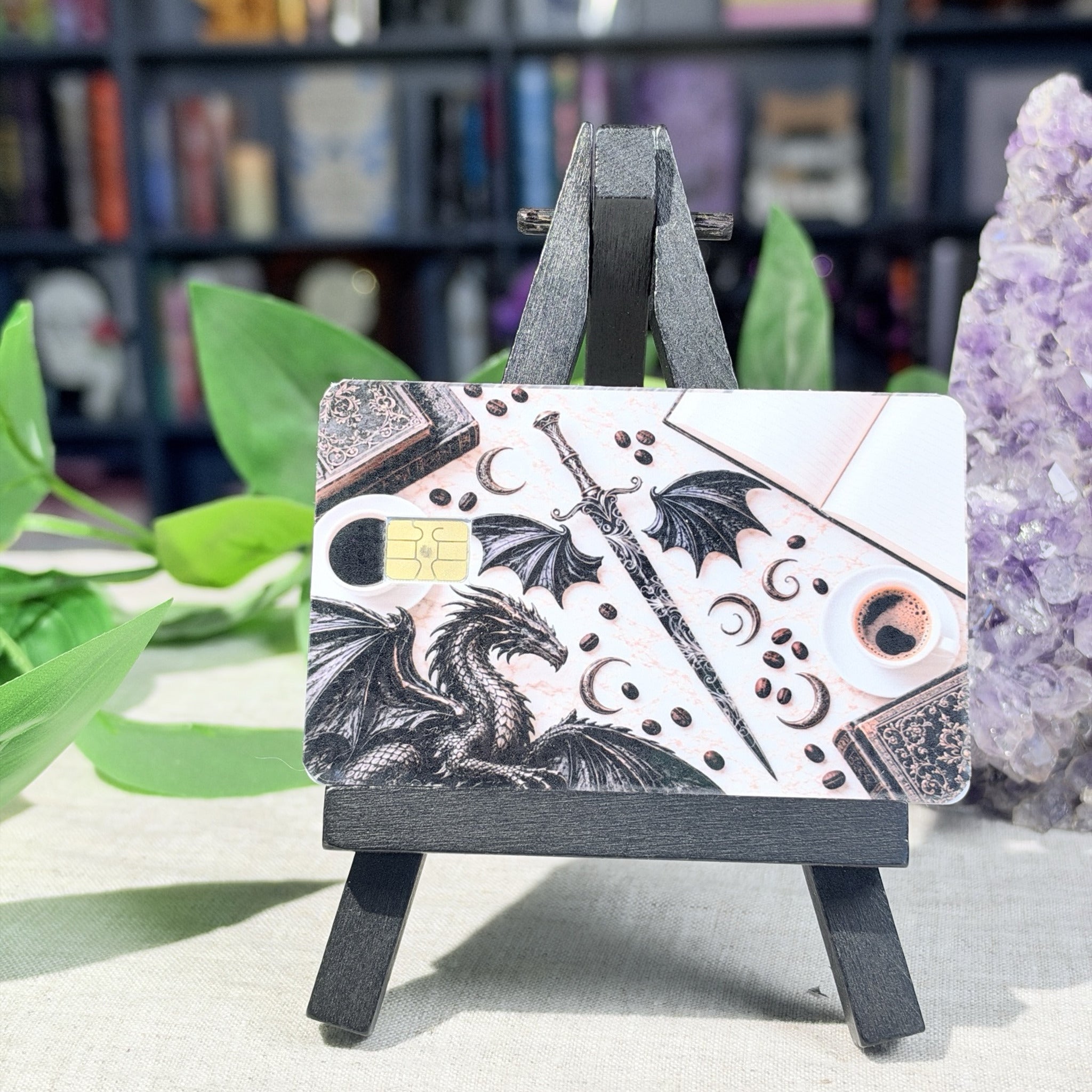 Ink Dragon Card Skin – Black & White Sword, Moons & Coffee Debit & Credit Card Sticker by The Sticker Era