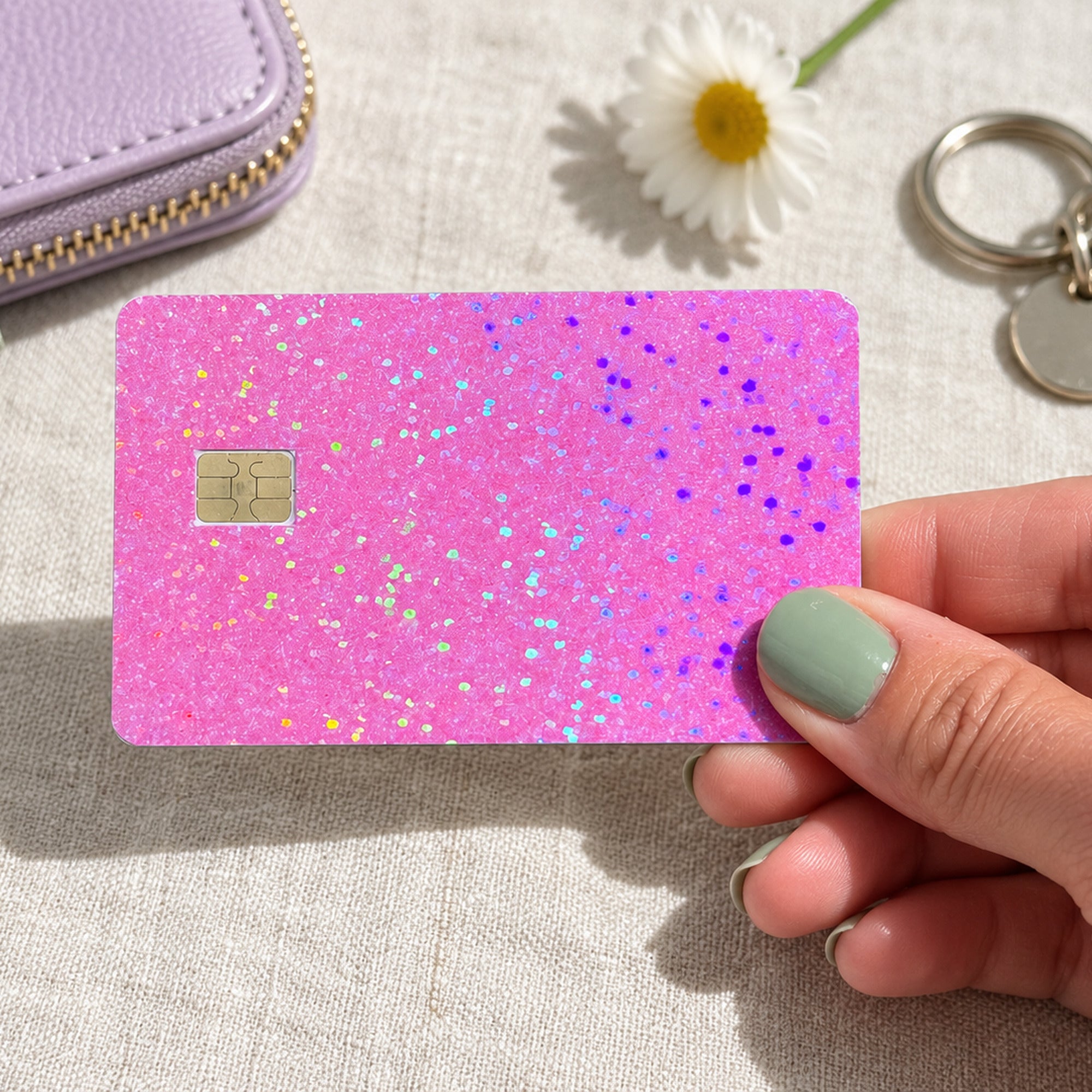 Hand holding the pink sparkle credit card sticker beside a lavender wallet and daisy by The Sticker Era