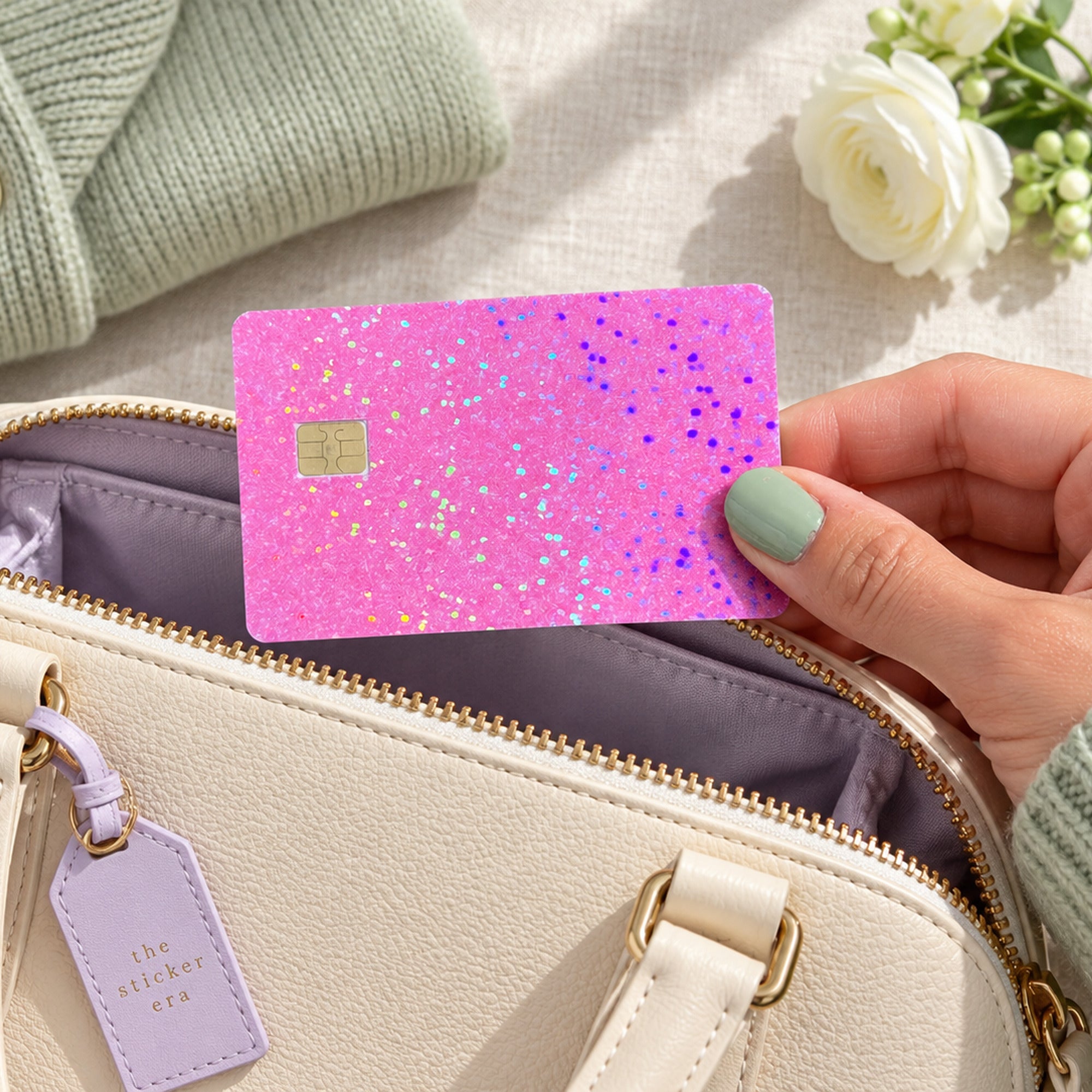 Pink sparkle debit card skin being slipped into a cream crossbody bag by The Sticker Era