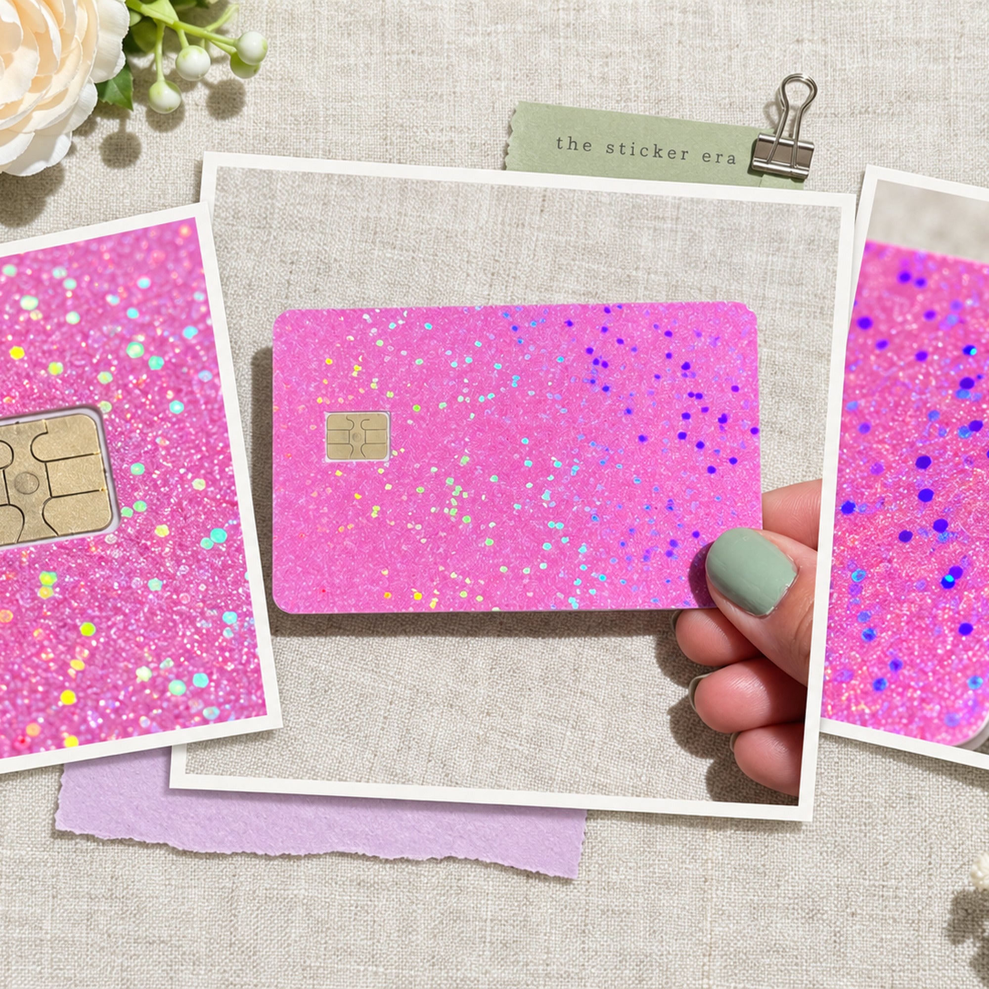 Close up flat lay of the pink holographic glitter card skin texture and chip cutout by The Sticker Era