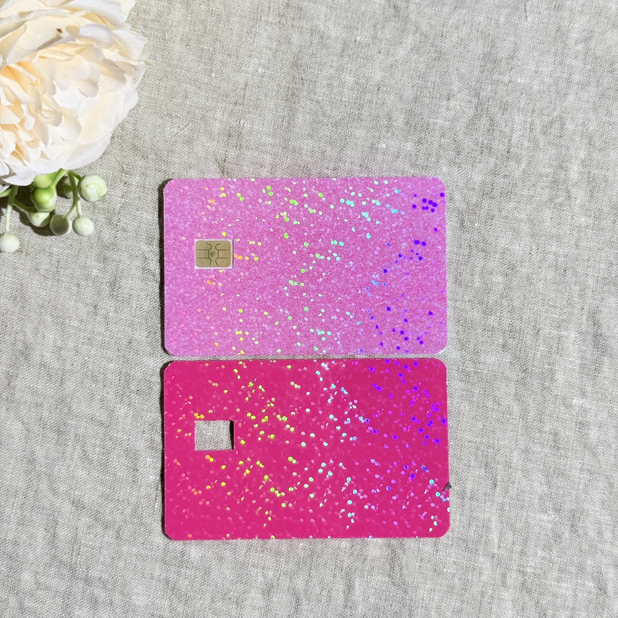 Light pink glitter card skin above the hot pink glitter card skin showing both shades by The Sticker Era