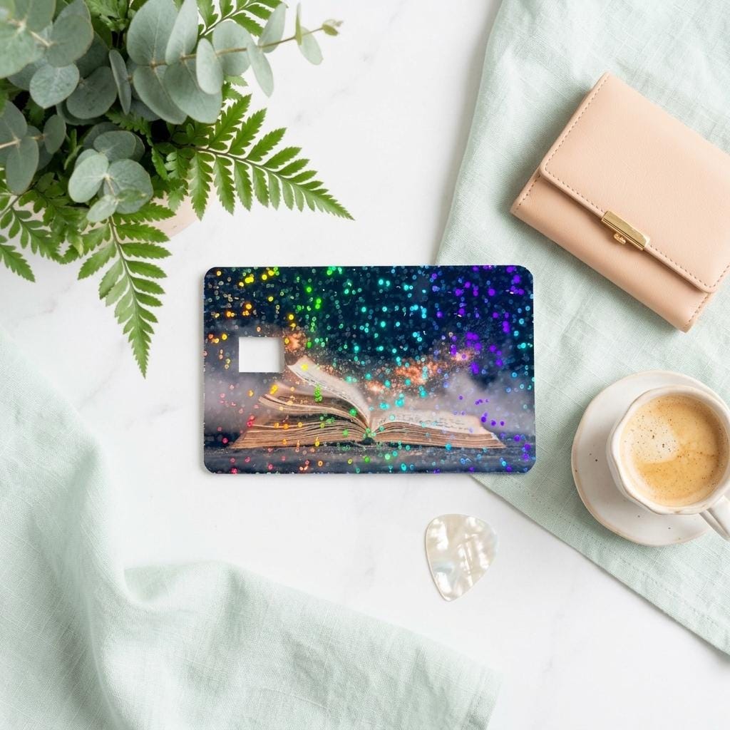 Magic book holographic card skin detail, starry night book art by The Sticker Era
