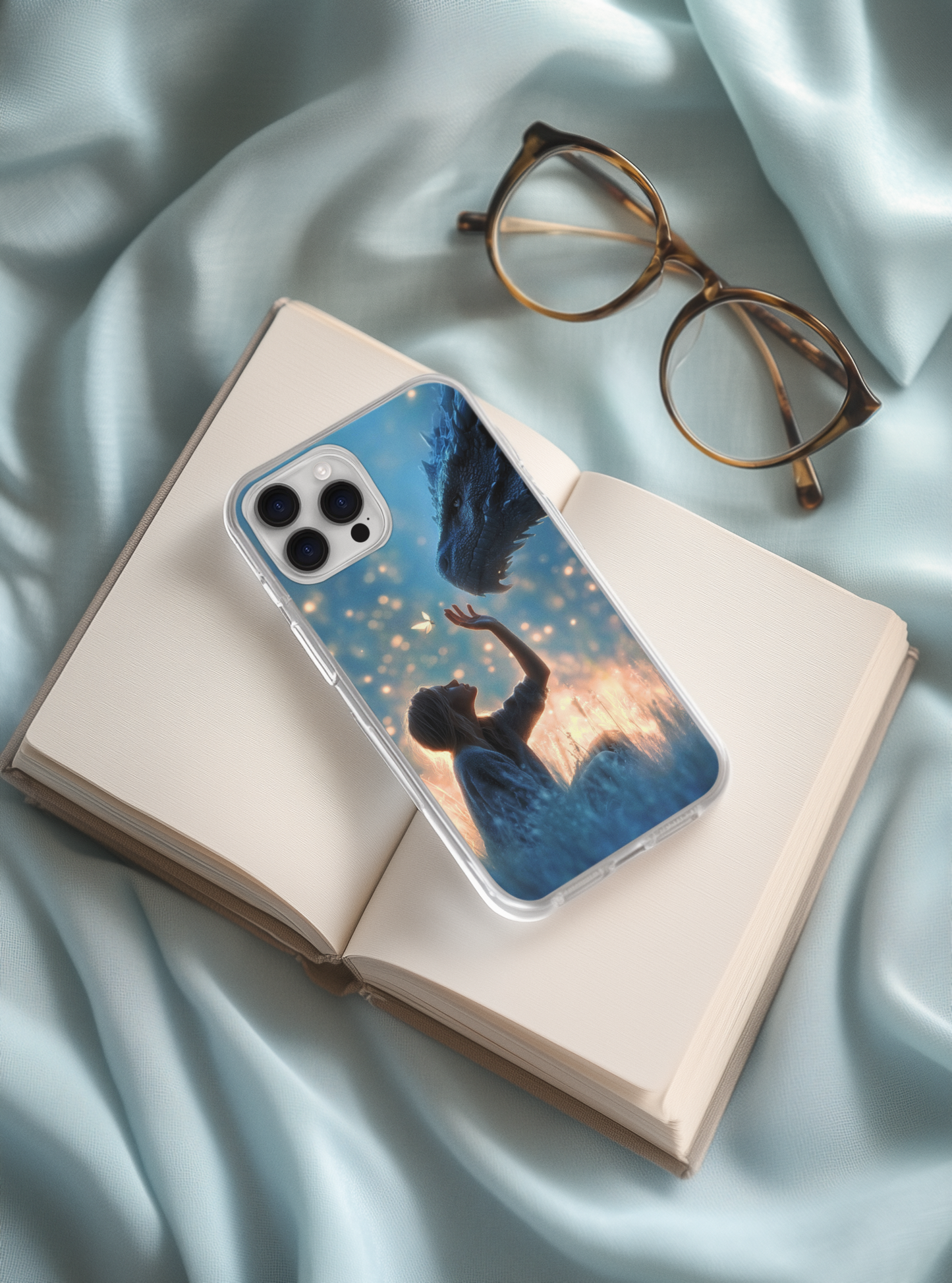 Warm dragon phone insert displayed in clear iPhone case - sunset fantasy aesthetic


