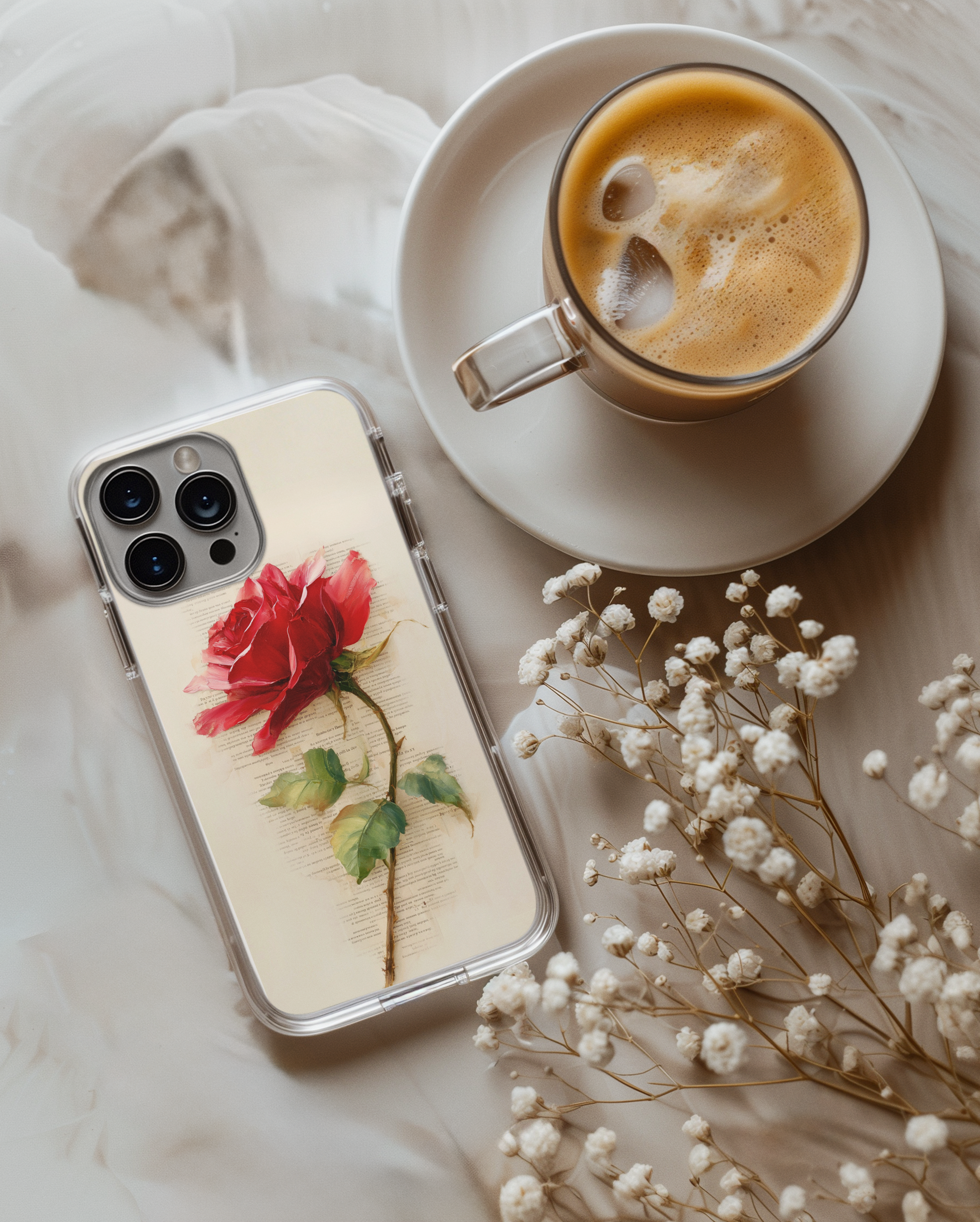 Close-up of rose book phone insert design - soft floral book lover art