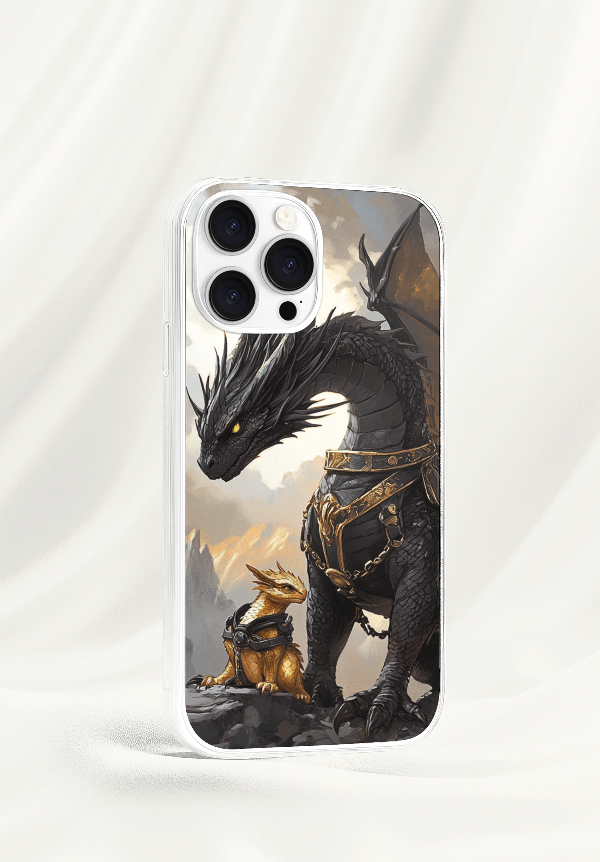 Clear iPhone case with dragon family insert - parent and baby dragon protective art
