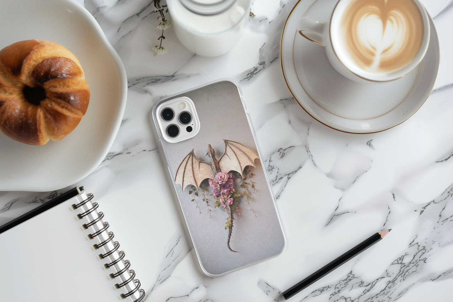 Floral dragon phone insert lifestyle with coffee - romantic bookish fantasy art
