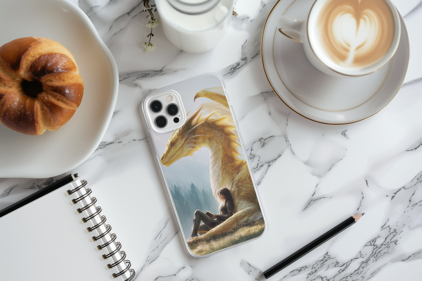Golden dragon reader phone insert on marble - sun-kissed fantasy art for clear cases
