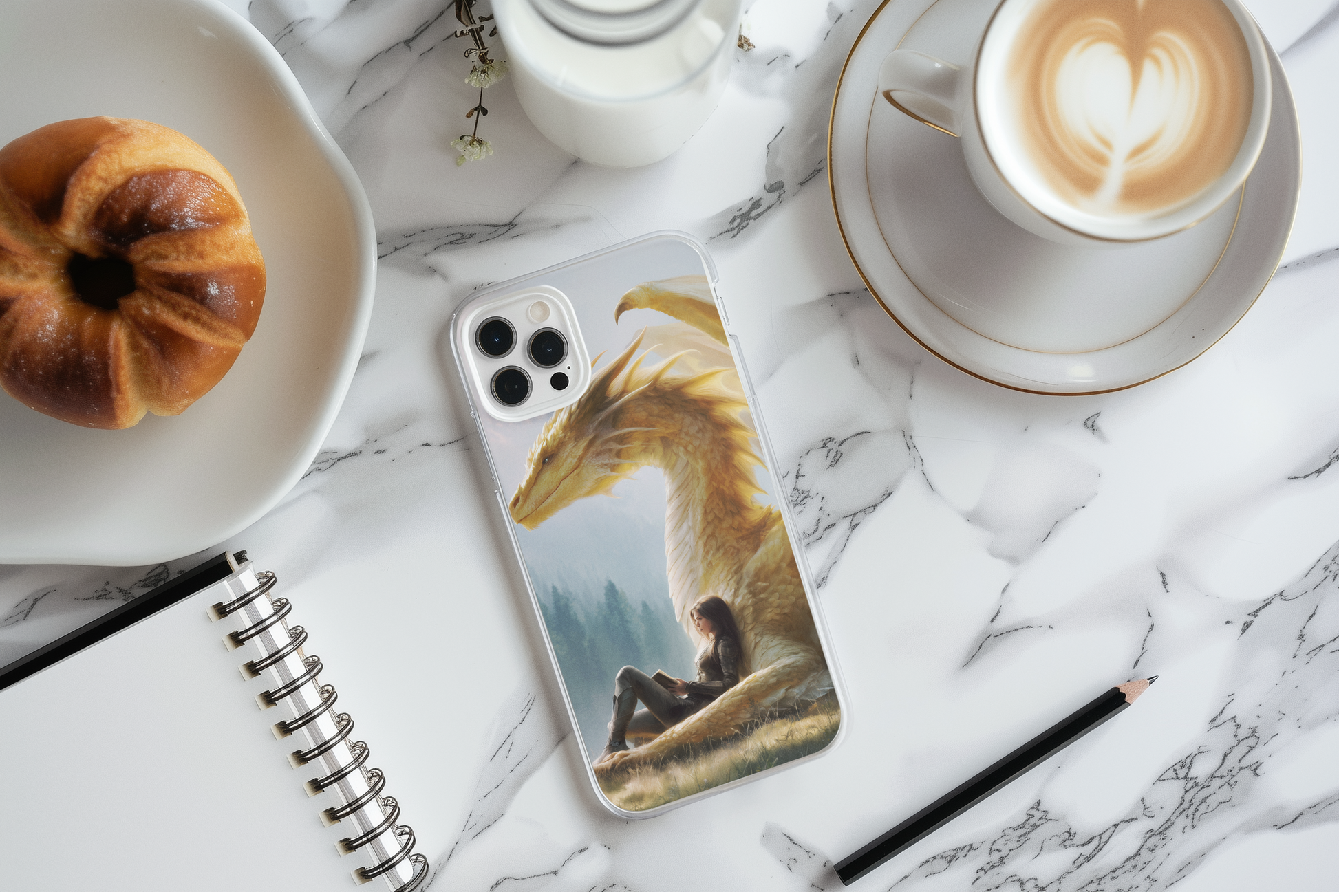 Golden dragon phone insert with coffee lifestyle - warm fantasy bookish aesthetic

