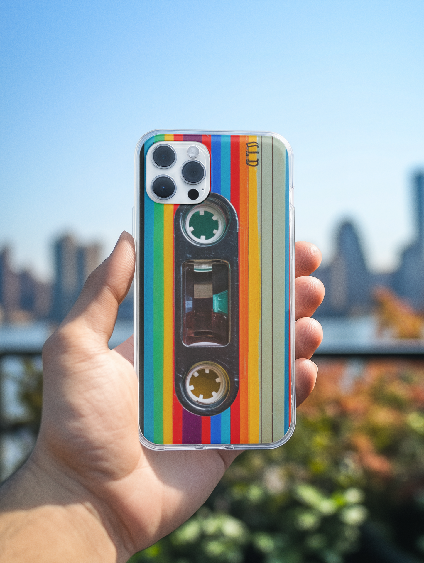Cassette tape phone insert displayed in clear iPhone case - nostalgic music lover aesthetic
