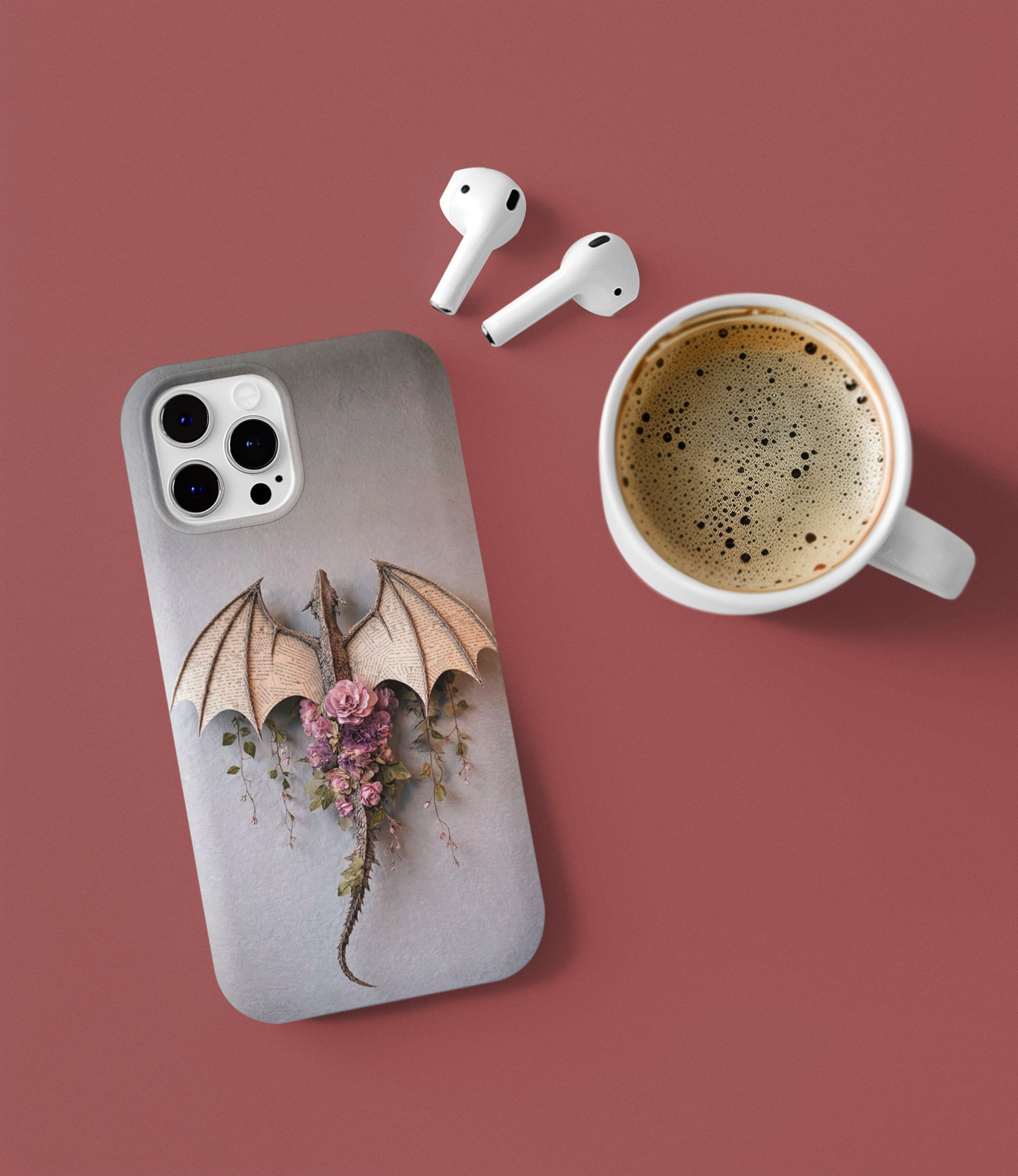 Floral fantasy dragon phone insert displayed in clear iPhone case - storybook beauty aesthetic
