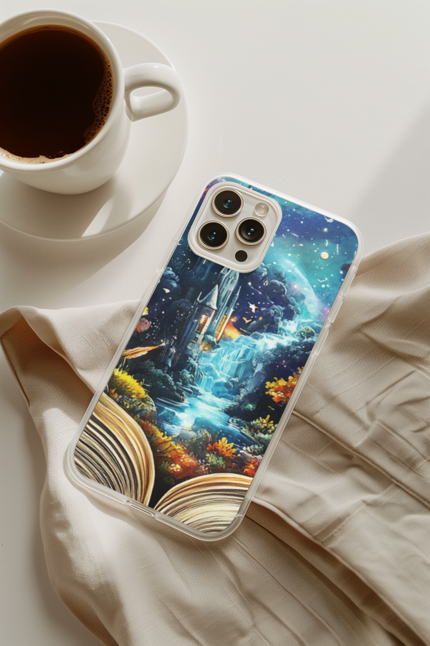 Whimsical bookish fantasy art backing for clear iPhone cases with a starry night sky and autumn trees.