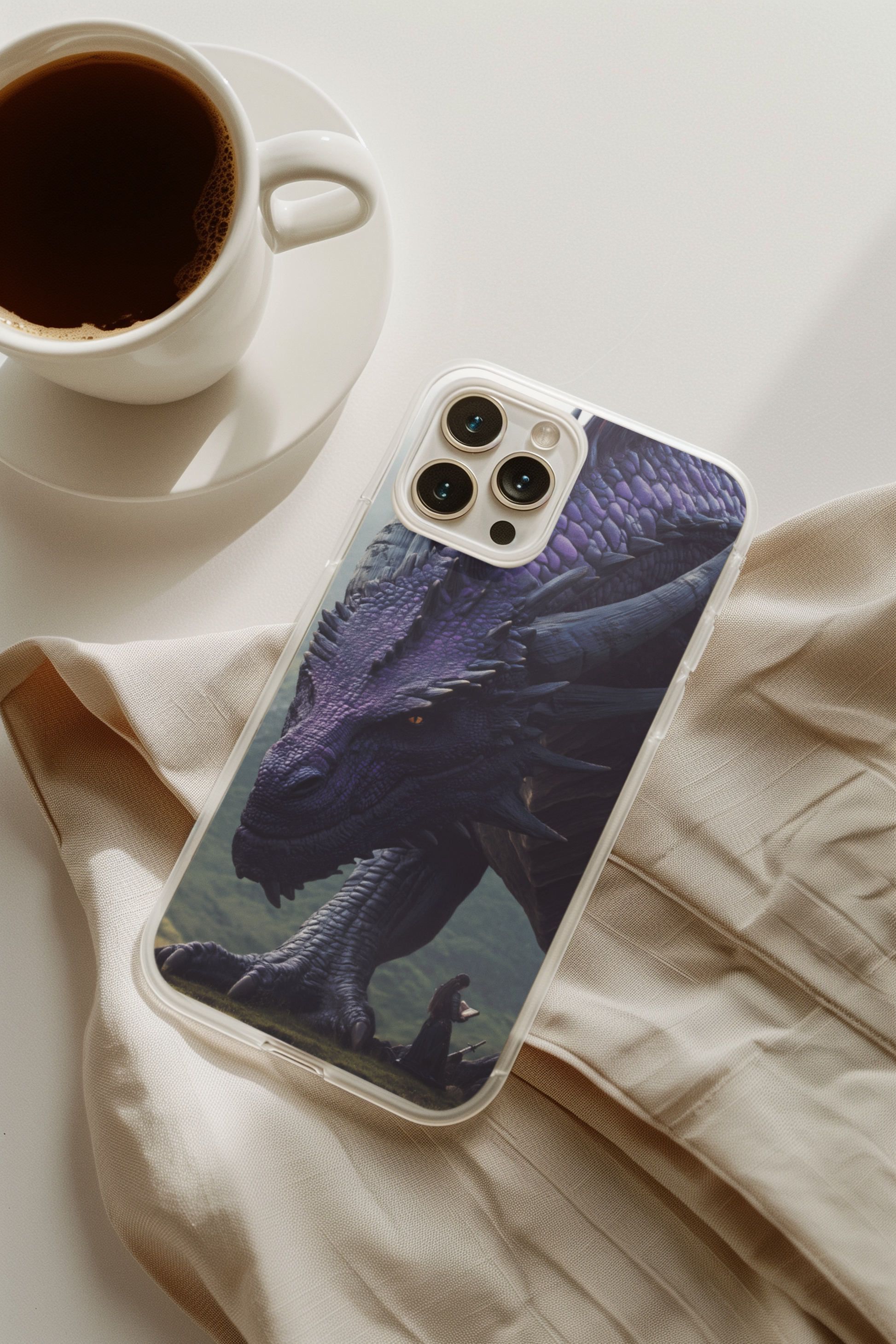 Detailed illustration of a majestic purple dragon guardian and a tiny adventurer, designed as a removable phone case art piece.

