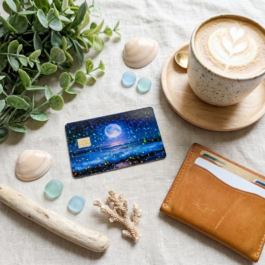 Holographic moon over ocean debit card skin on a card by The Sticker Era