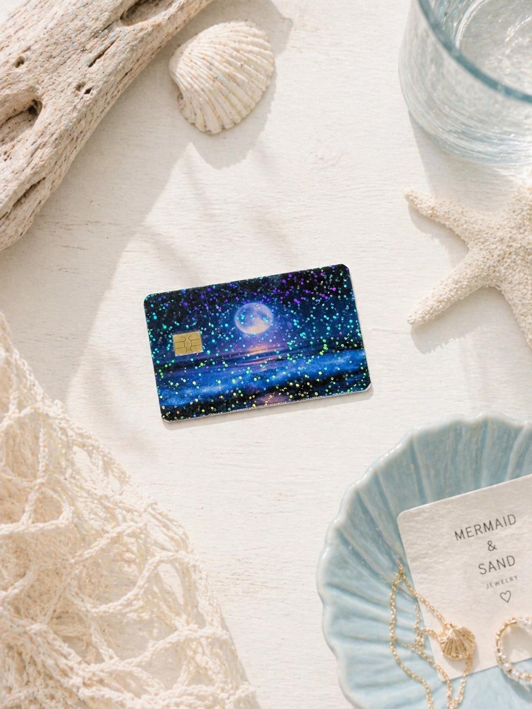 Moon ocean card skin sizing and application, fits any standard card, by The Sticker Era