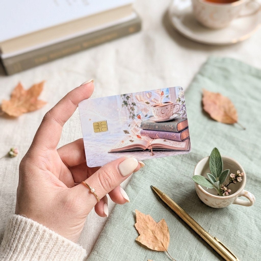 Morning Read Card Skin – Teacup & Books Debit & Credit Card Sticker by The Sticker Era
