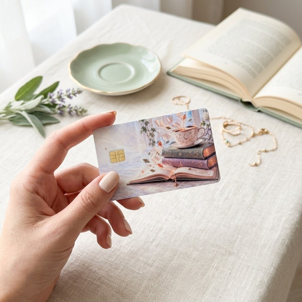 Morning Read Card Skin – Teacup & Books Debit & Credit Card Sticker by The Sticker Era