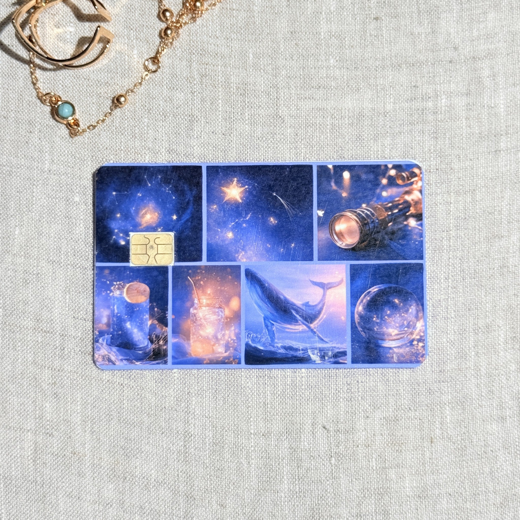Blue night sky grid debit card sticker shown flat on linen