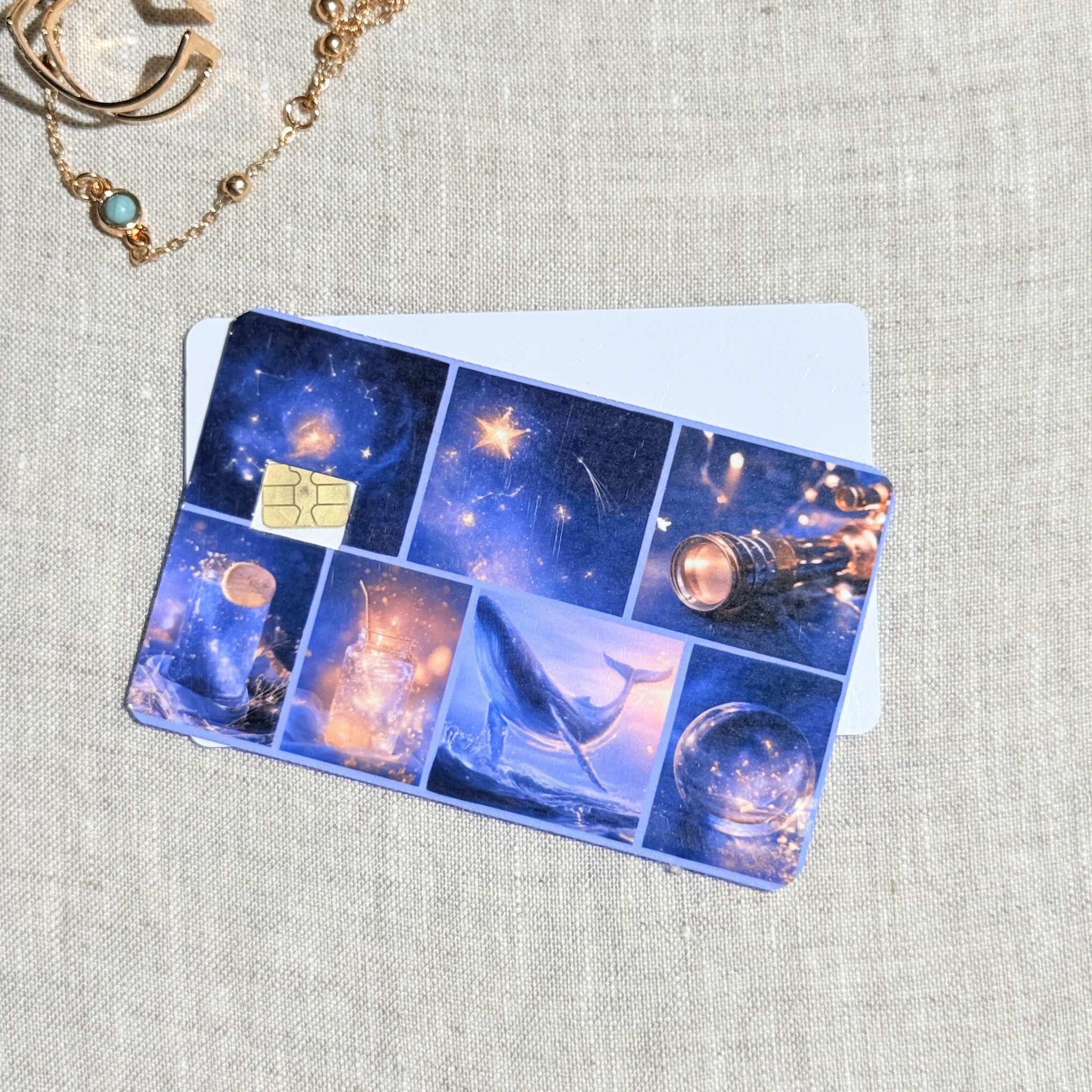 Celestial collage card skin showing the deep blue palette