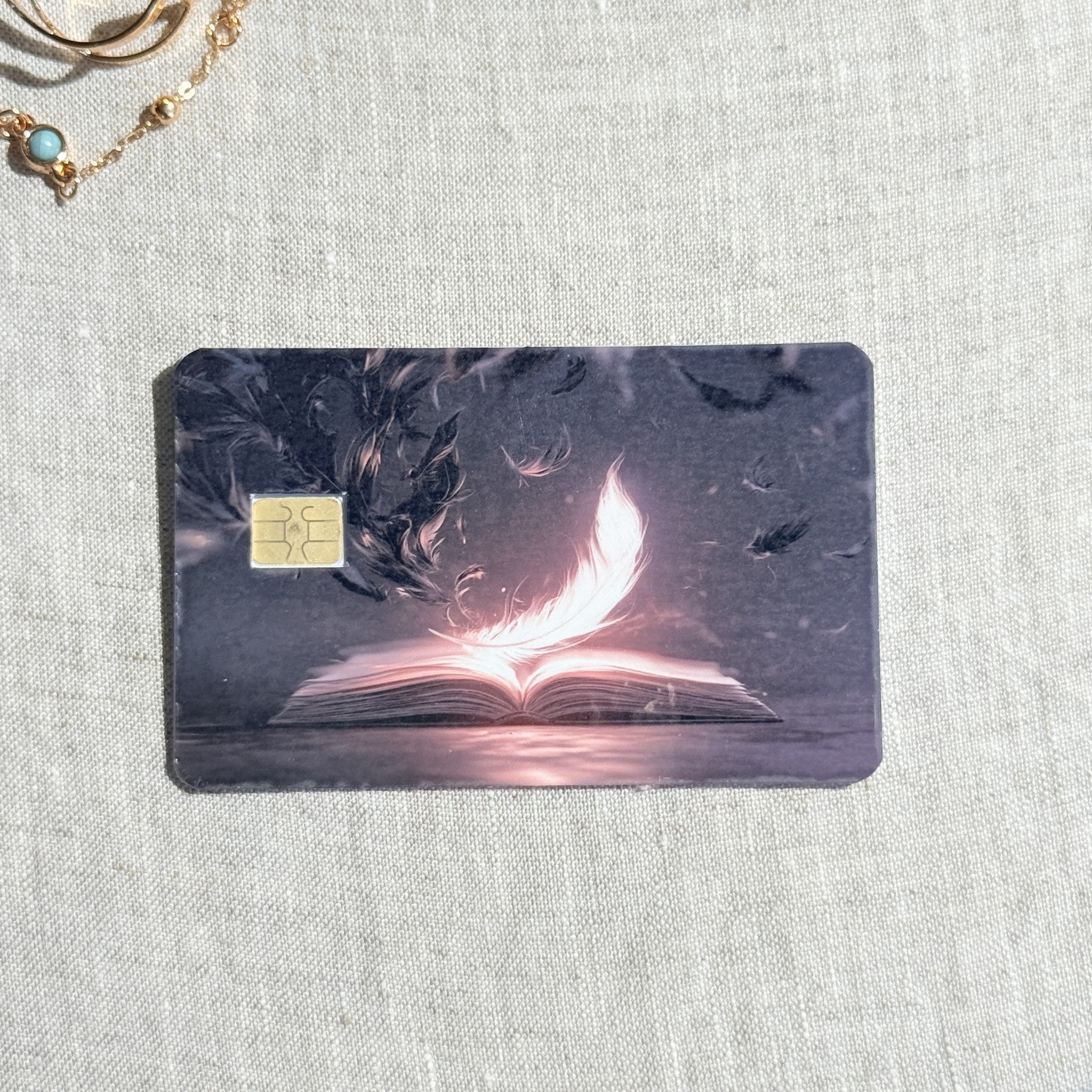 Feather and Book Card Skin – Midnight Muse Debit & Credit Card Sticker by The Sticker Era