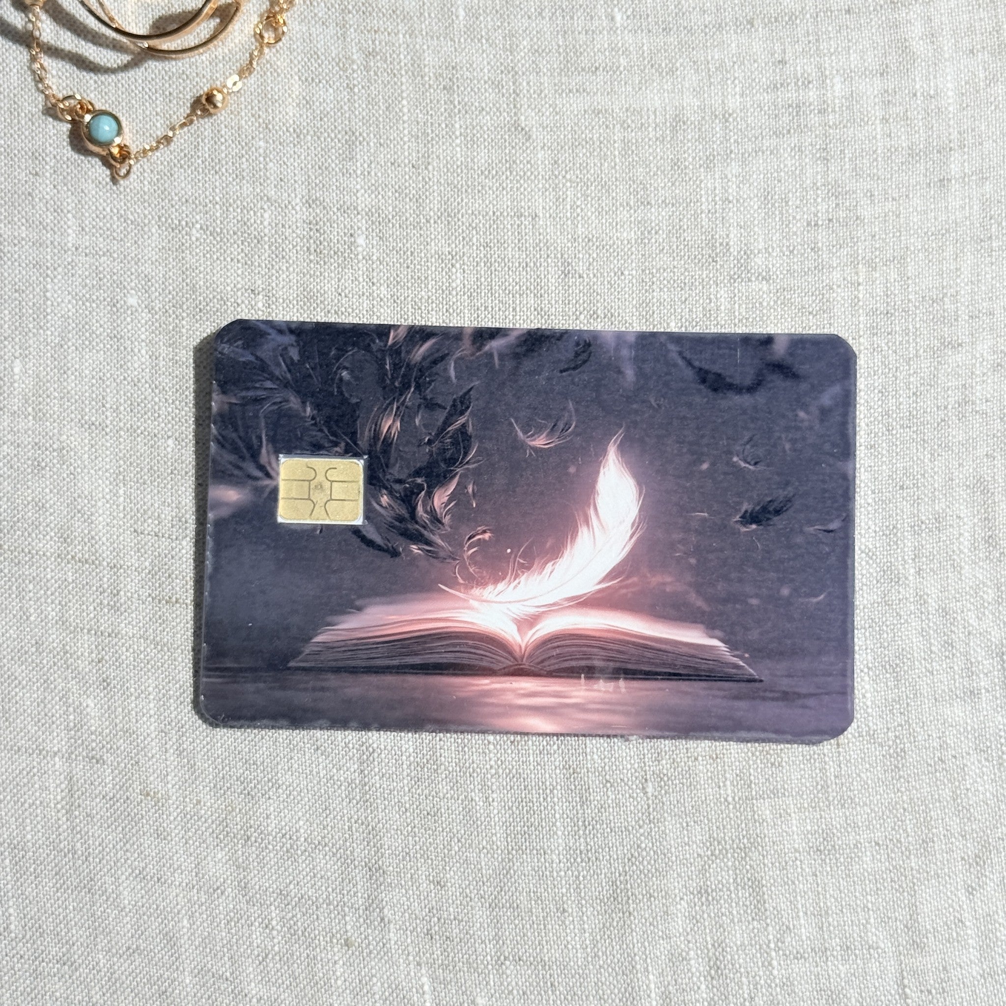 Feather and Book Card Skin – Midnight Muse Debit & Credit Card Sticker by The Sticker Era