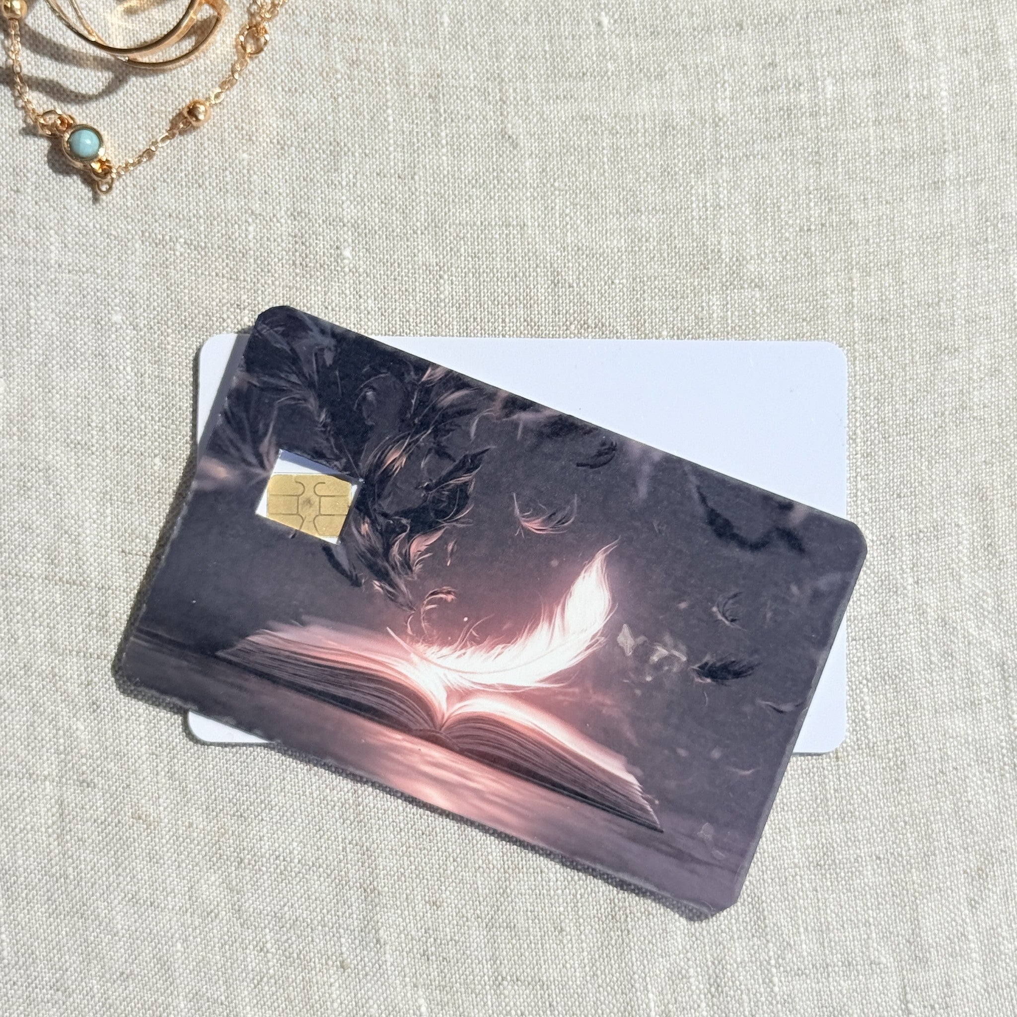 Feather and Book Card Skin – Midnight Muse Debit & Credit Card Sticker by The Sticker Era