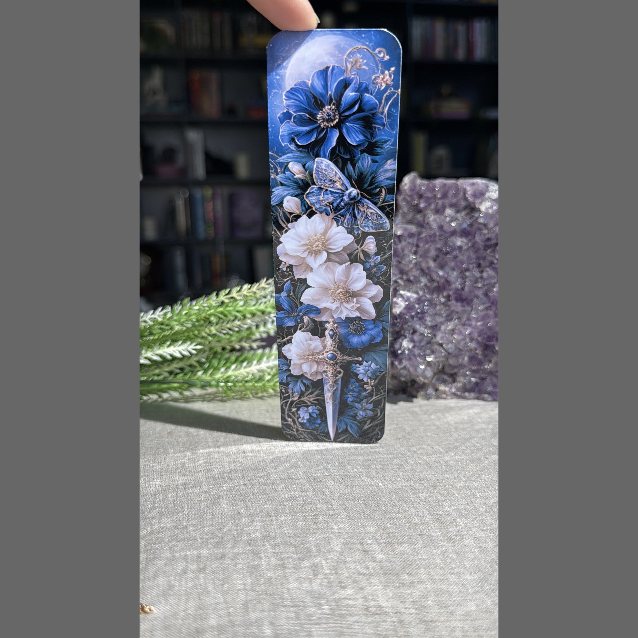 Blue Bloom Dagger Bookmark – Floral Blade Laminated Page Marker by The Sticker Era
