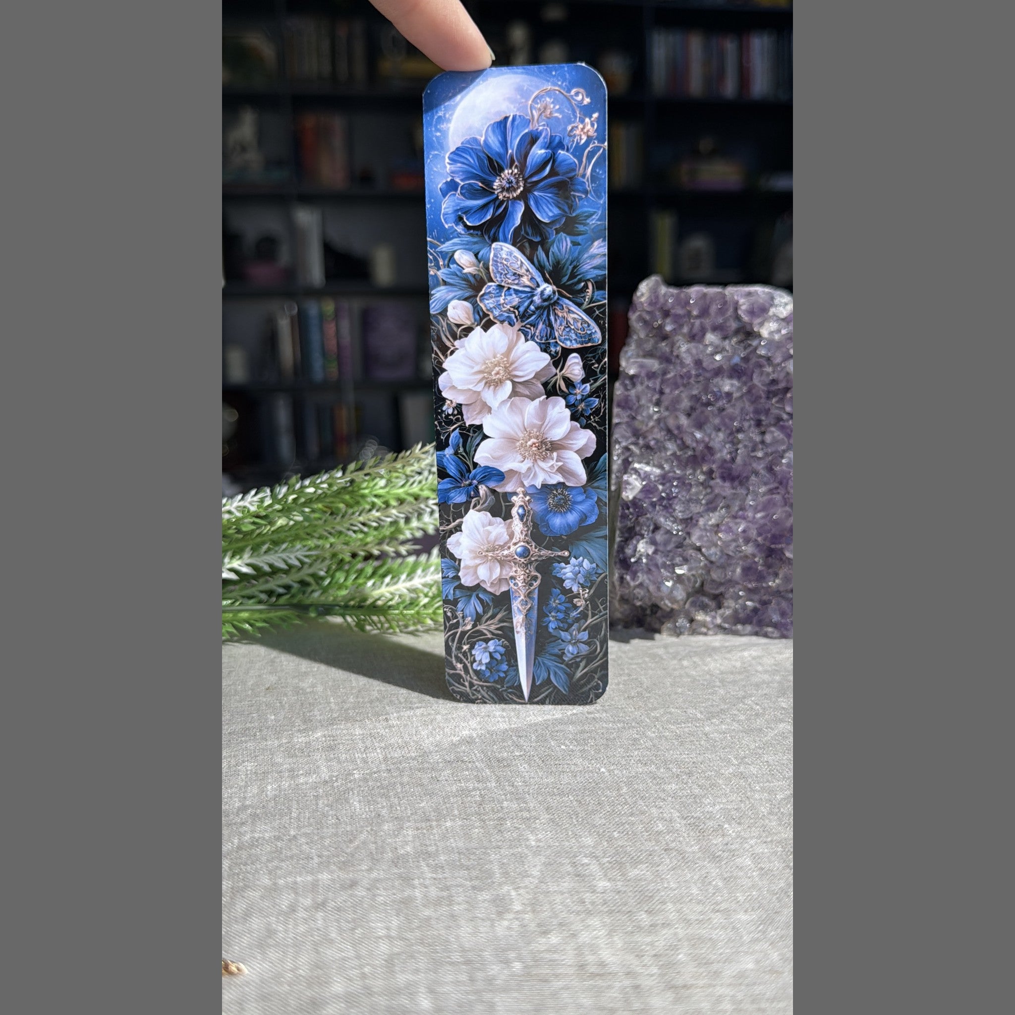 Blue Bloom Dagger Bookmark – Floral Blade Laminated Page Marker by The Sticker Era