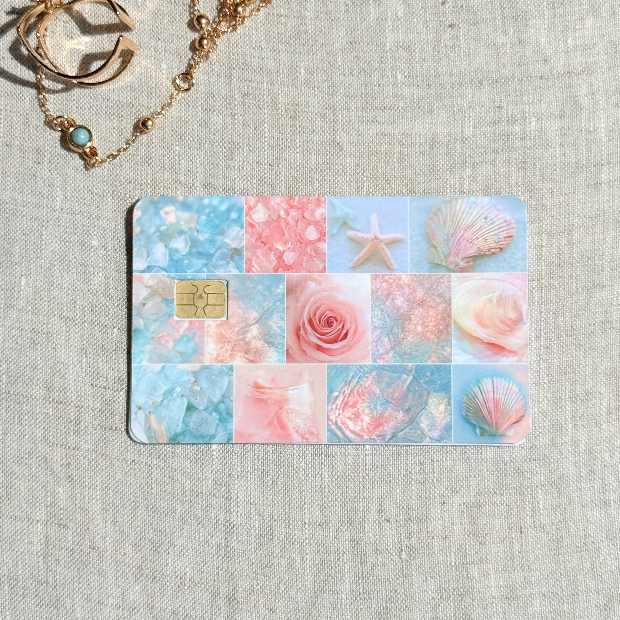 Pastel Seashell Collage Card Skin – Pink & Blue Coastal Debit & Credit Card Sticker by The Sticker Era