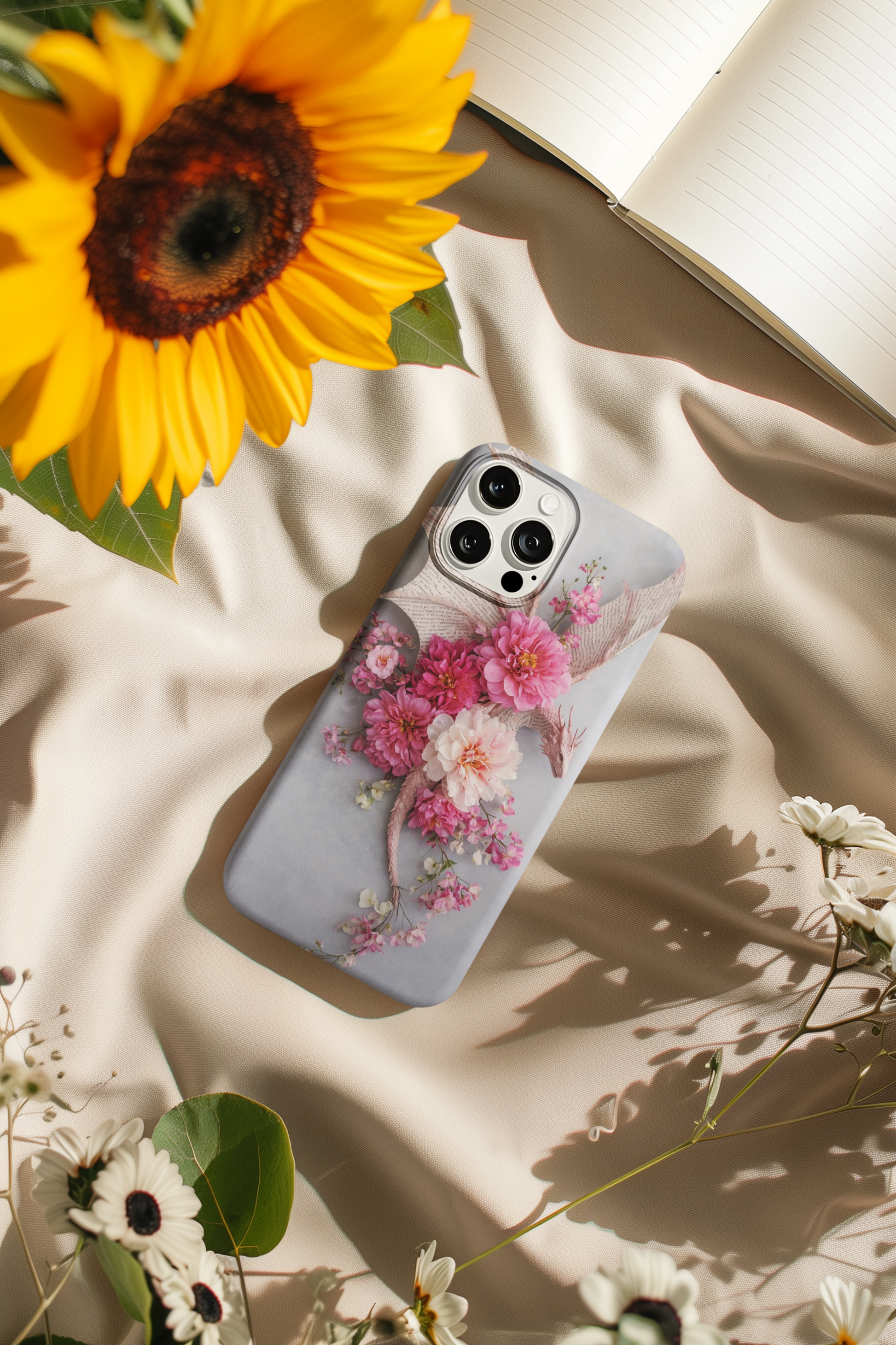 Floral dragon phone insert displayed in clear iPhone case - delicate fierce aesthetic

