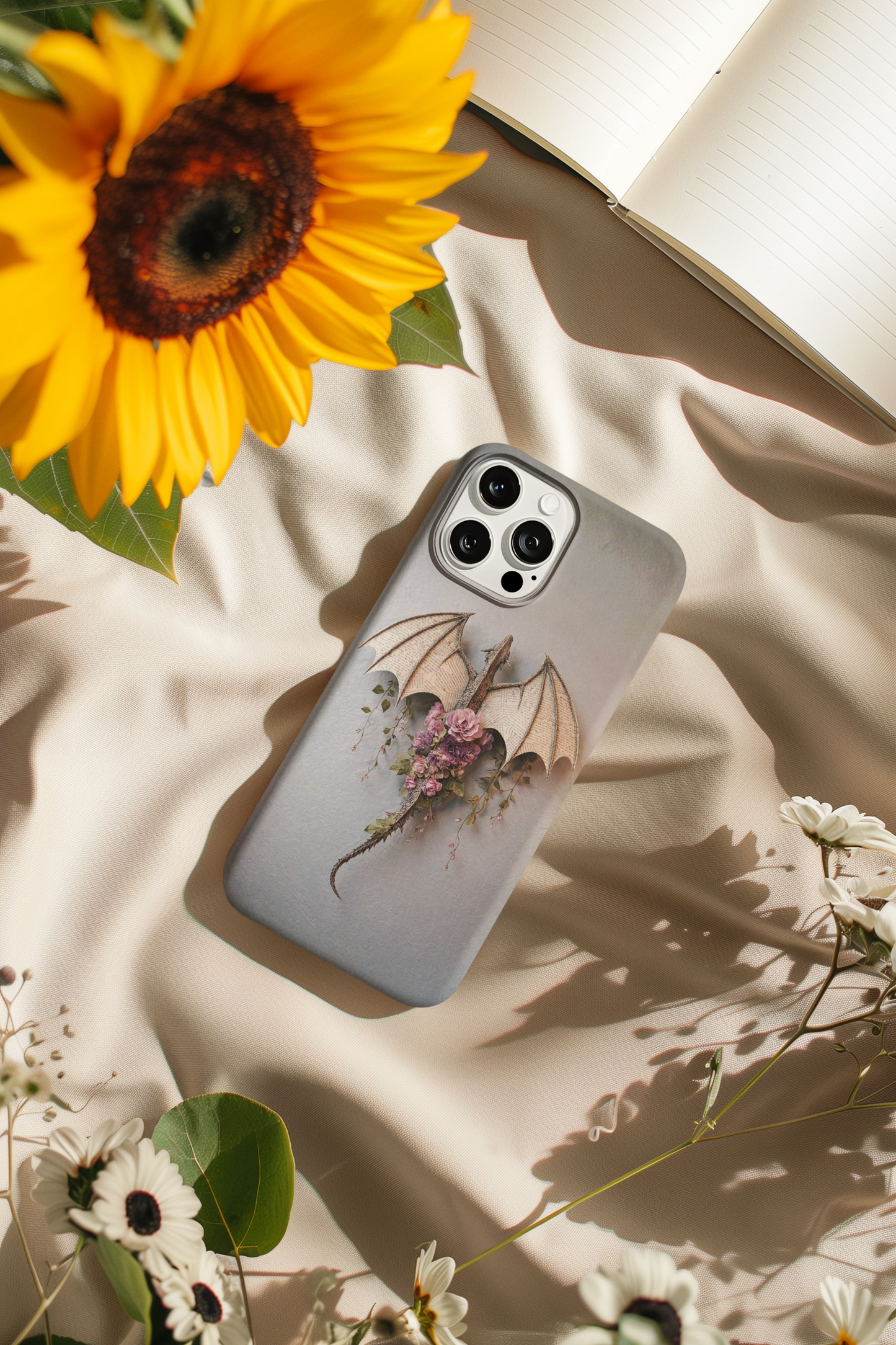 Dragon adorned with flowers phone insert detail - romantic power fantasy design
