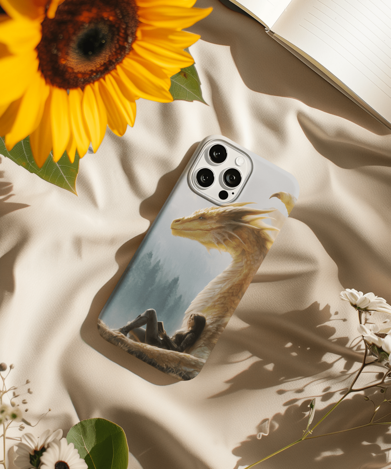 Golden Dragon & Reader Phone Insert | Sunlit Fantasy Art for Clear iPhone Cases by The Sticker Era