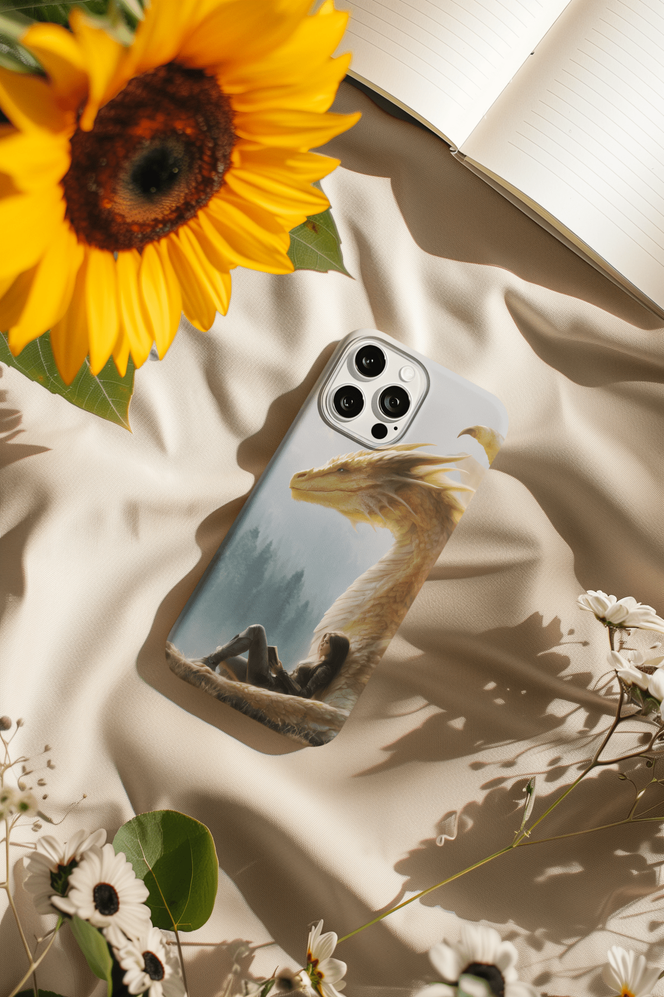 Golden Dragon & Reader Phone Insert | Sunlit Fantasy Art for Clear iPhone Cases by The Sticker Era