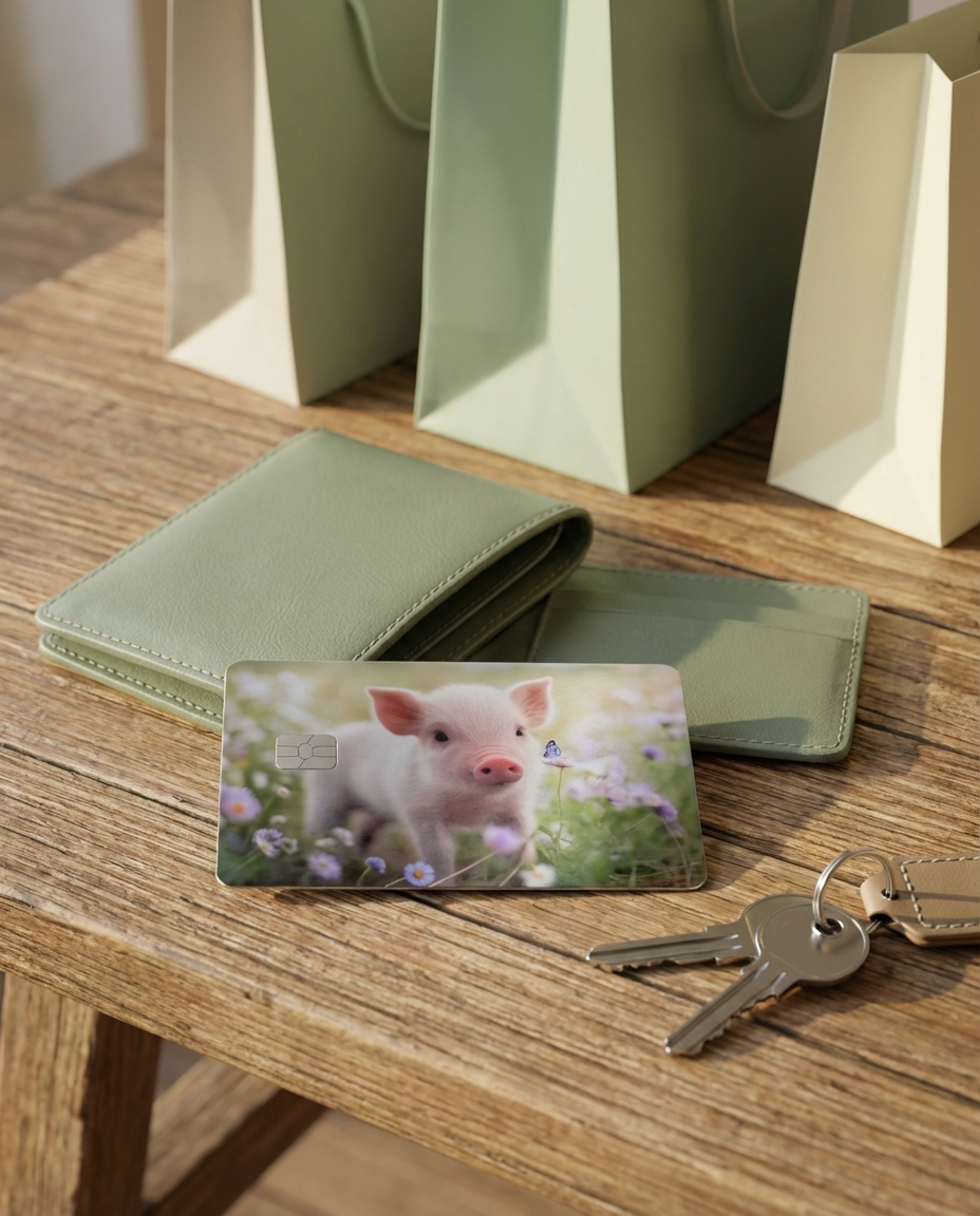sage wallet with a cute pink pig and butterfly debit card skin next to keys and shopping bags

