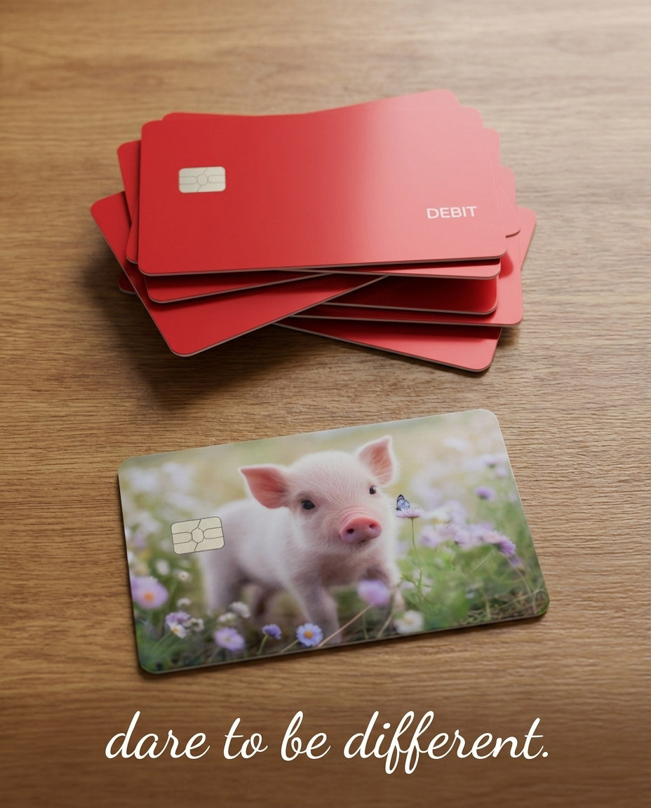 Stack of red debit cards and a card with a piglet design on a wooden surface, below it says dare to be different
