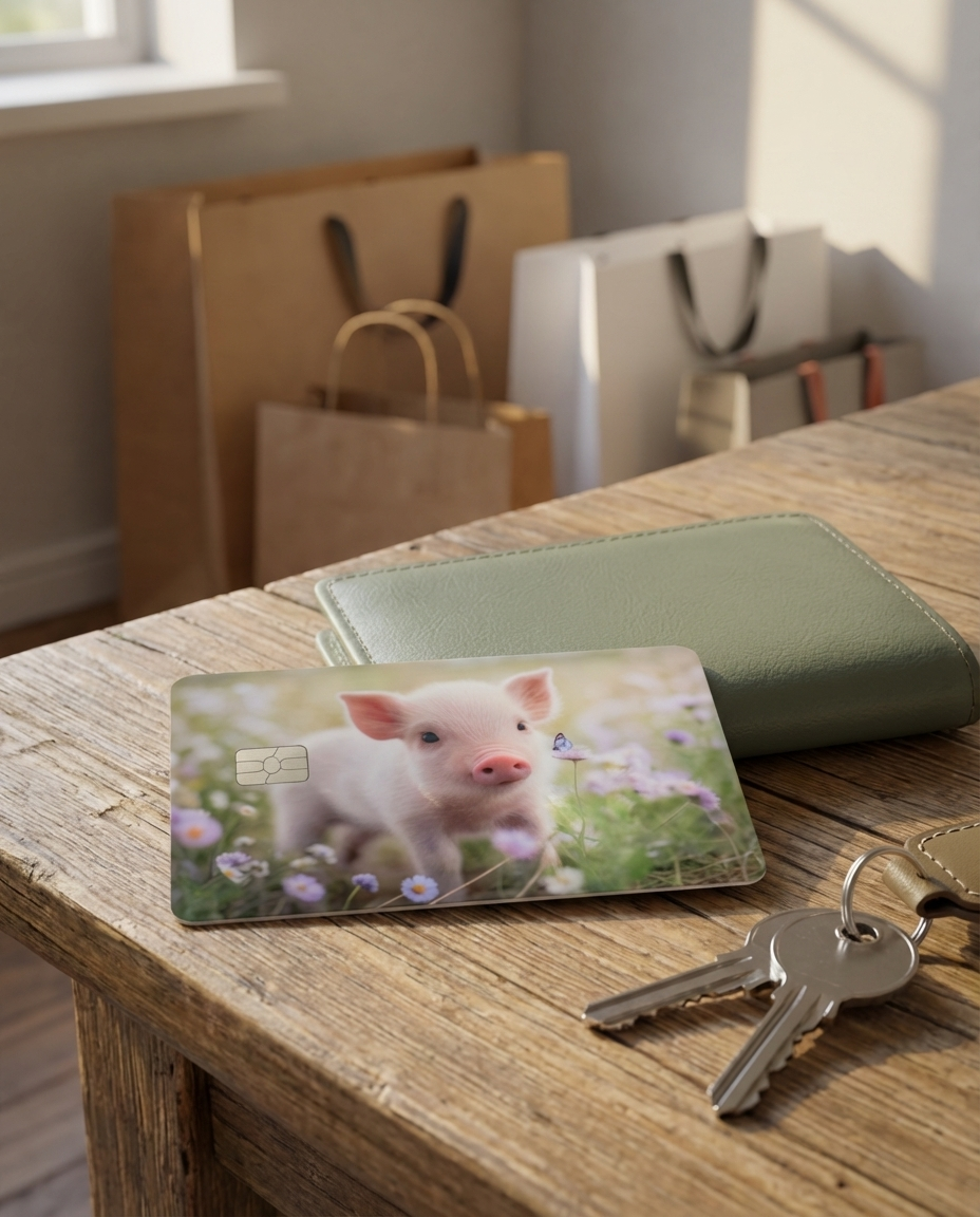 cute baby animal, pig and butterfly credit card skin with keys next to a green wallet
