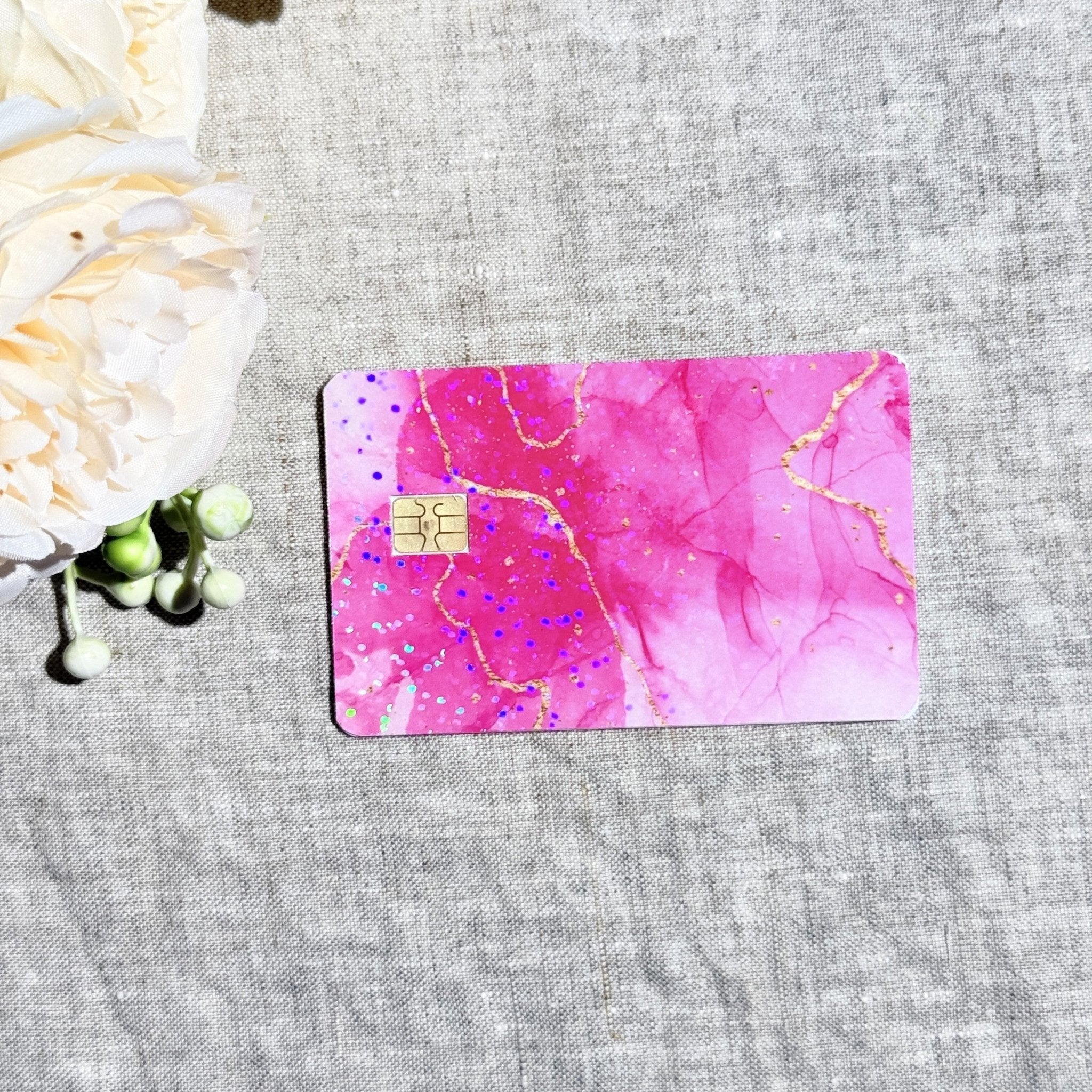 Pink Marble Card Skin – Gold Vein Holographic Debit & Credit Card Sticker by The Sticker Era
