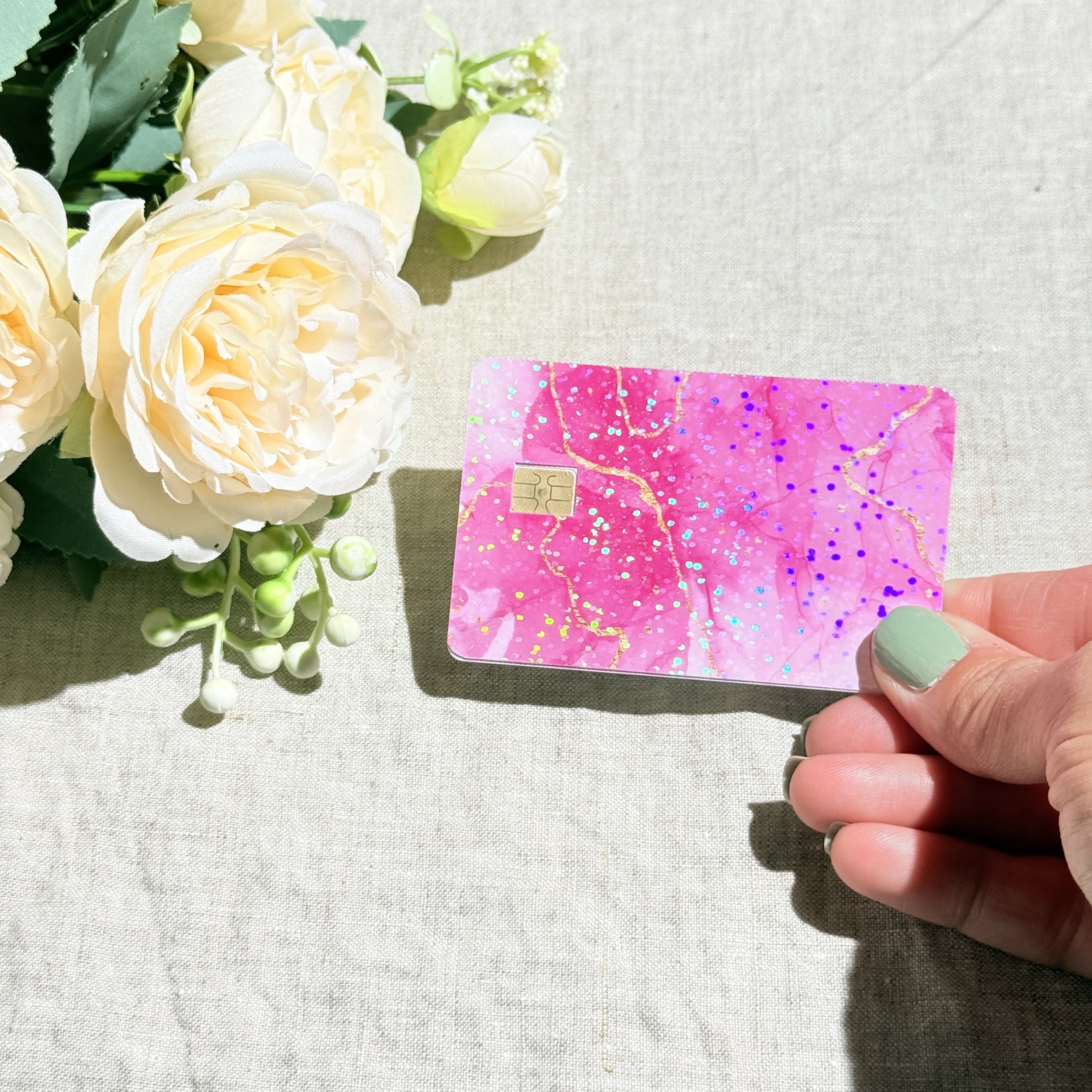 Sparkle finish pink marble card skin with rainbow glitter by The Sticker Era