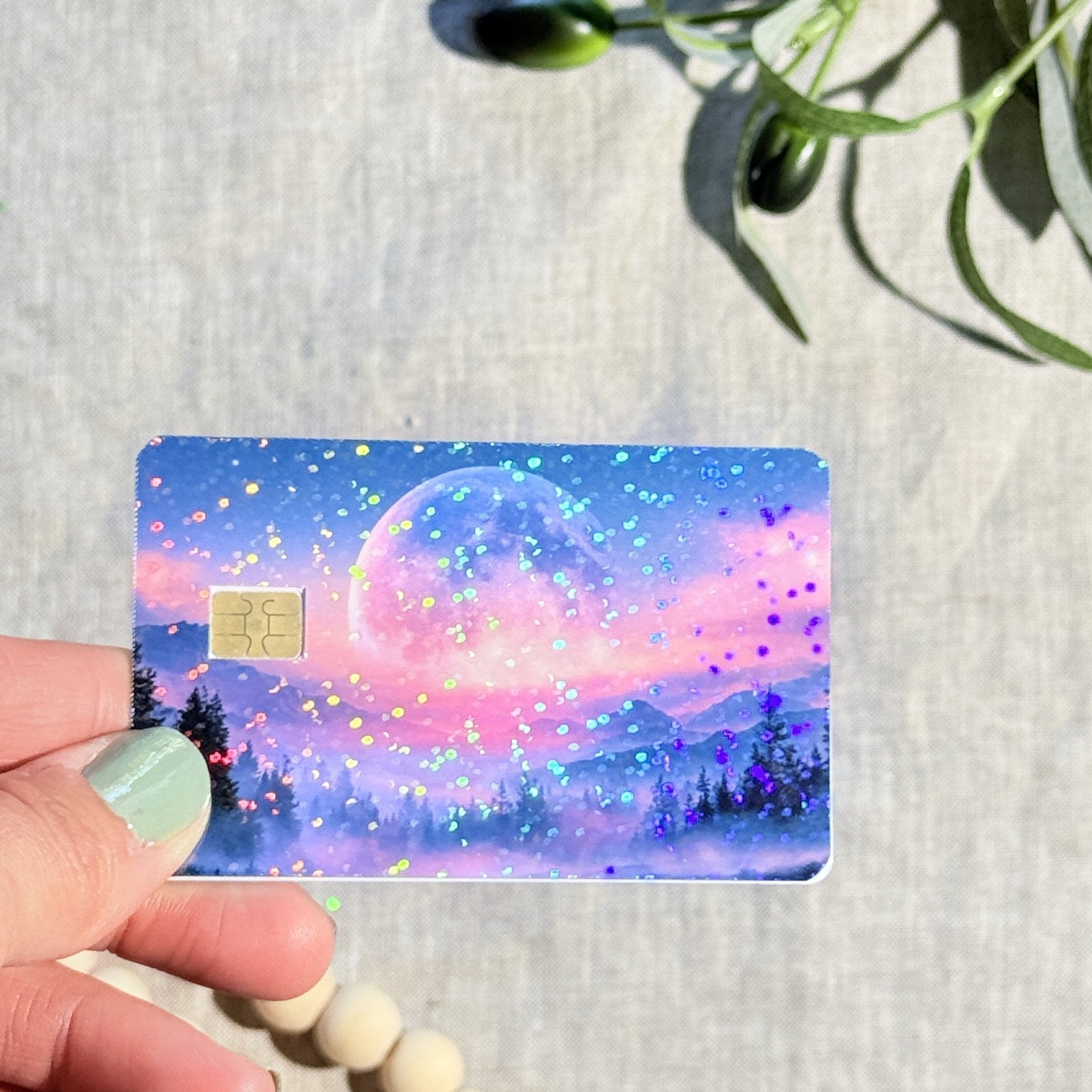 Pink Moon Mountains Card Skin – Holographic Sunset Sky Debit & Credit Card Sticker by The Sticker Era