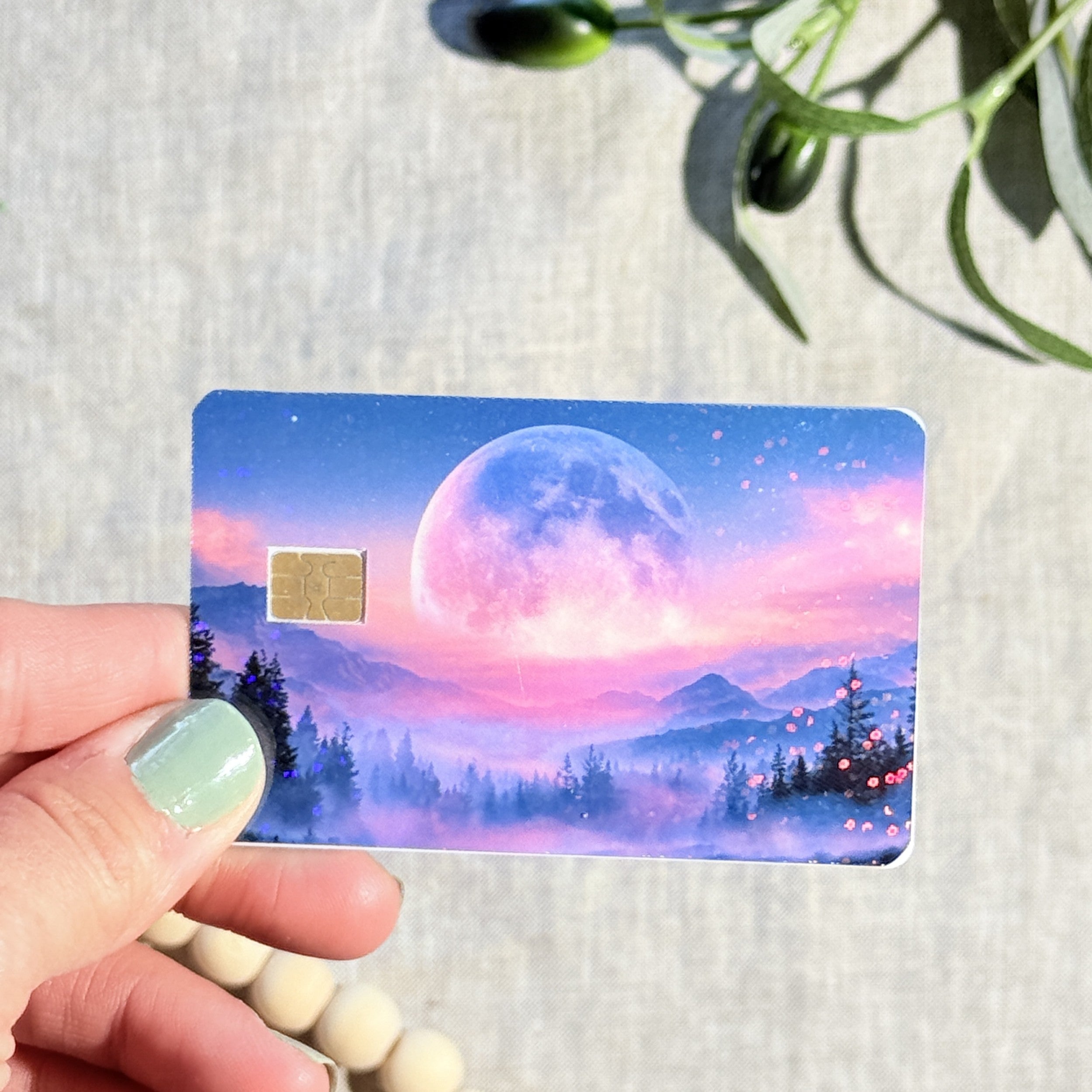 Standard finish pink moon mountains card skin without glitter by The Sticker Era