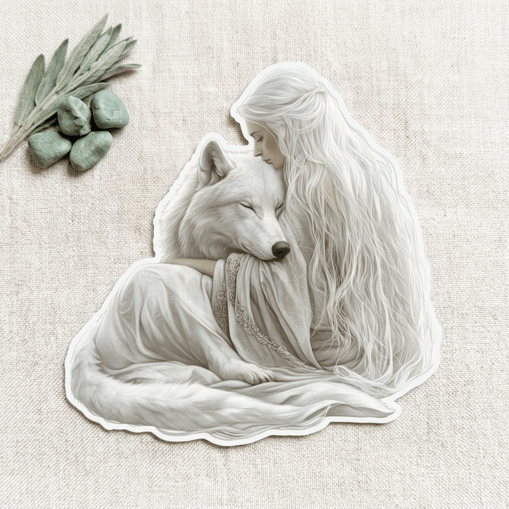 Girl Reading With Wolf Sticker | Fantasy Companion Vinyl Decal by The Sticker Era