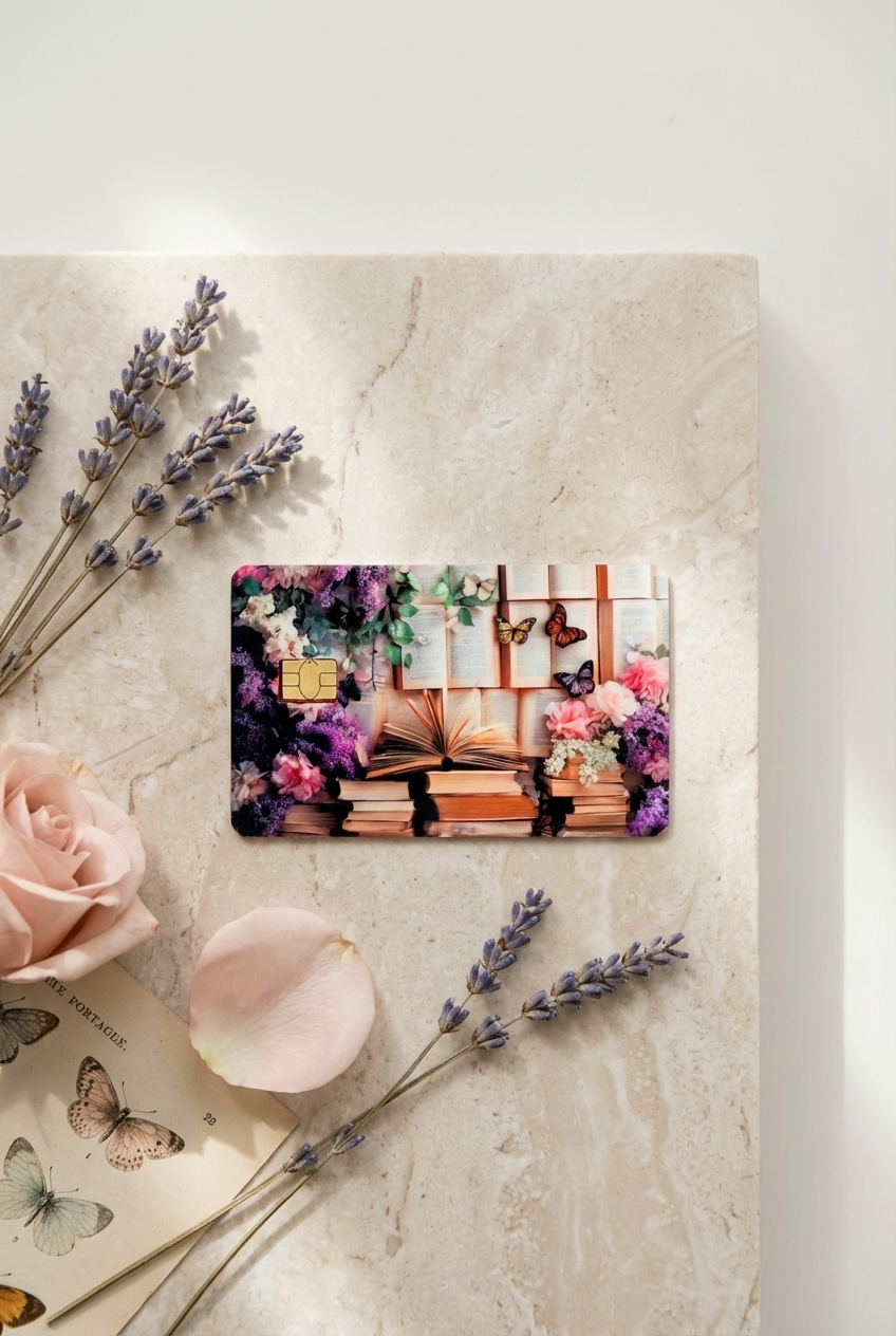  Bookish floral debit card skin with vintage stacked books butterflies and purple lilac flowers on cream desk with succulent and car keys by The Sticker Era
