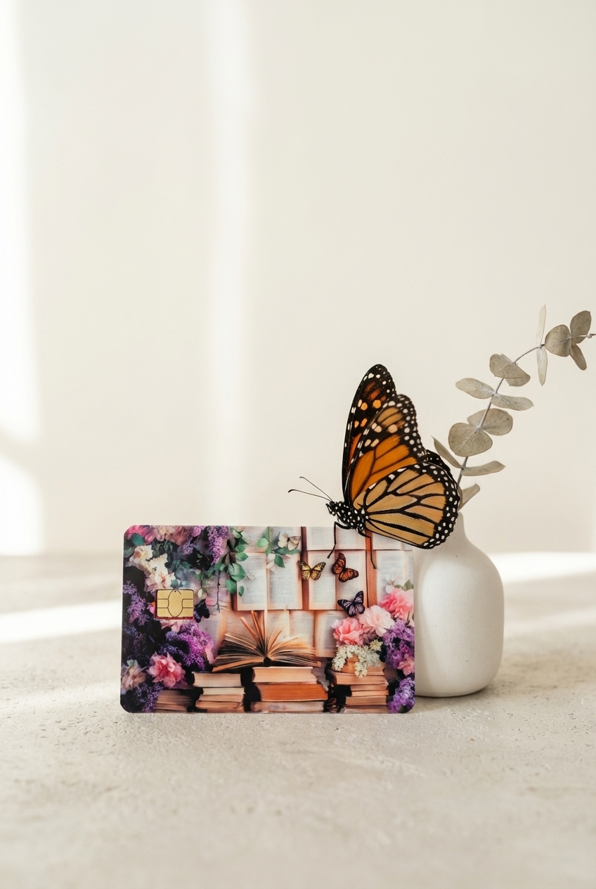 Close up of bookish butterfly card skin showing open book pages pink roses and monarch butterflies on premium waterproof vinyl by The Sticker Era
