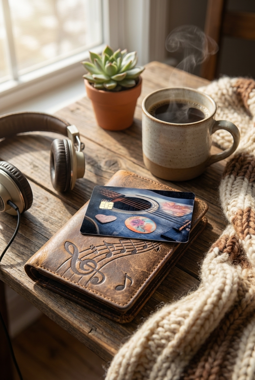 Wooden table with a mug of coffee, headphones, wallet with guitar design, and a plant.
