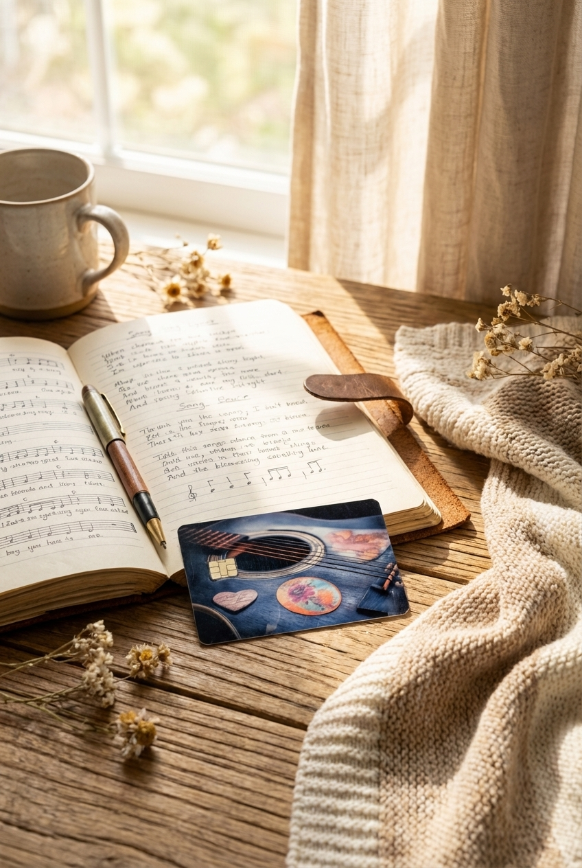 Open book with pen, mug, and  debit card on a wooden surface with a soft blanket and curtain in the background.
